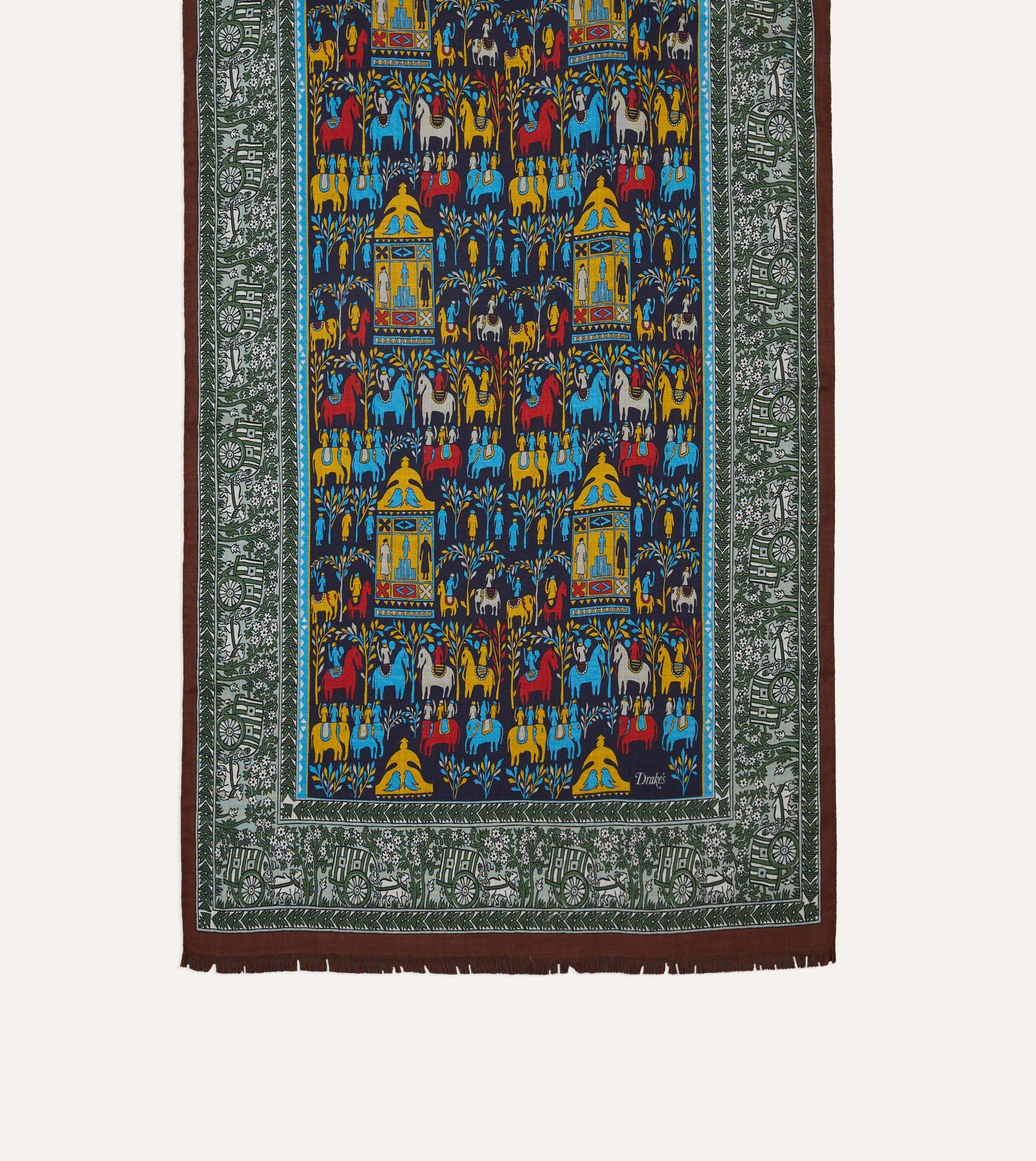 Navy Elephant Village Print Wool-Silk Scarf