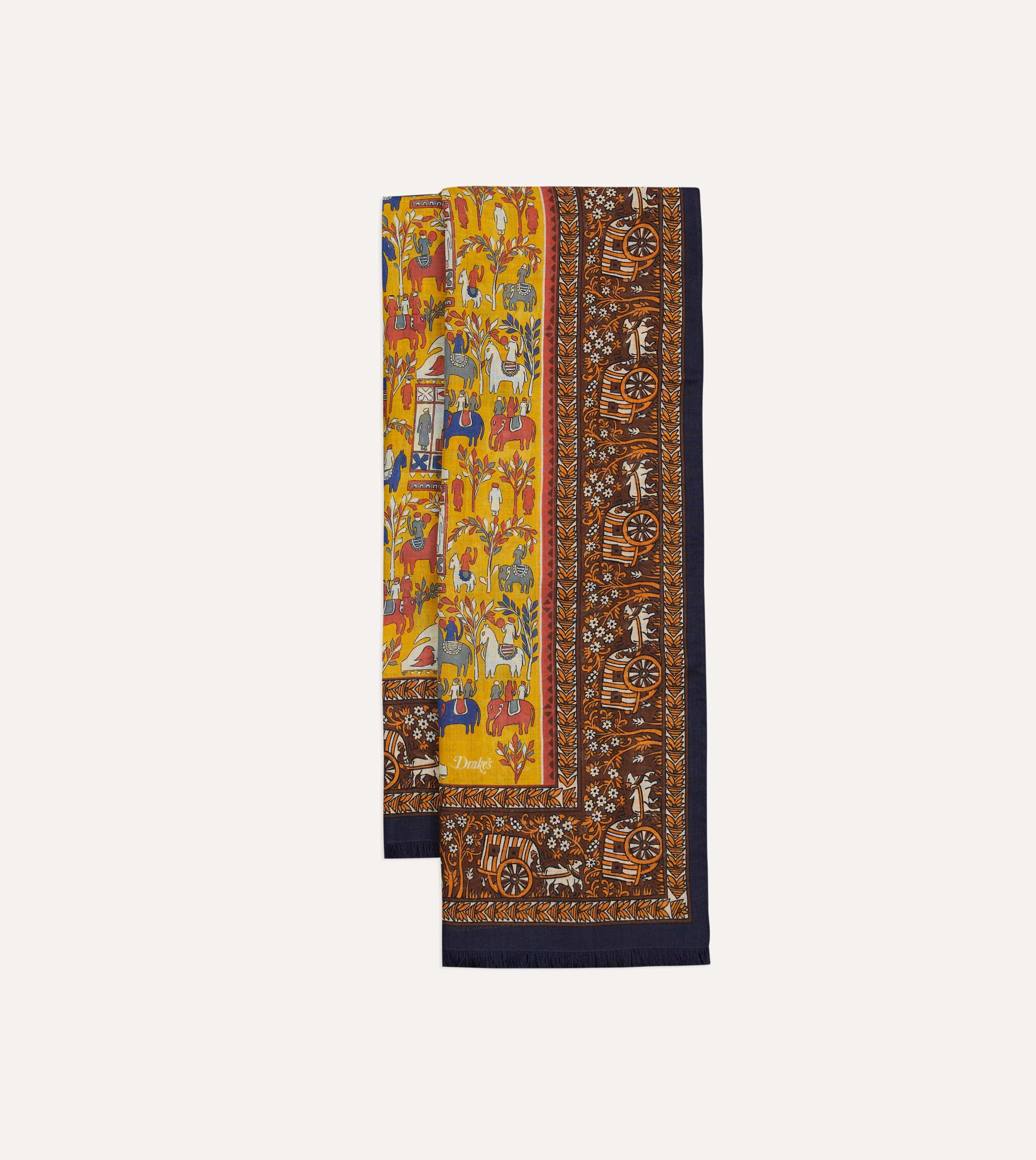 Yellow Elephant Village Print Wool-Silk Scarf
