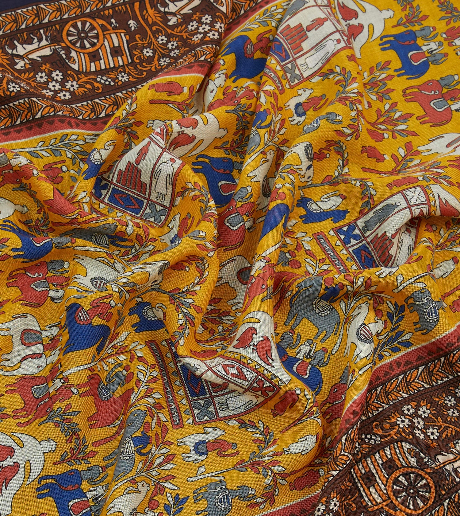 Yellow Elephant Village Print Wool-Silk Scarf