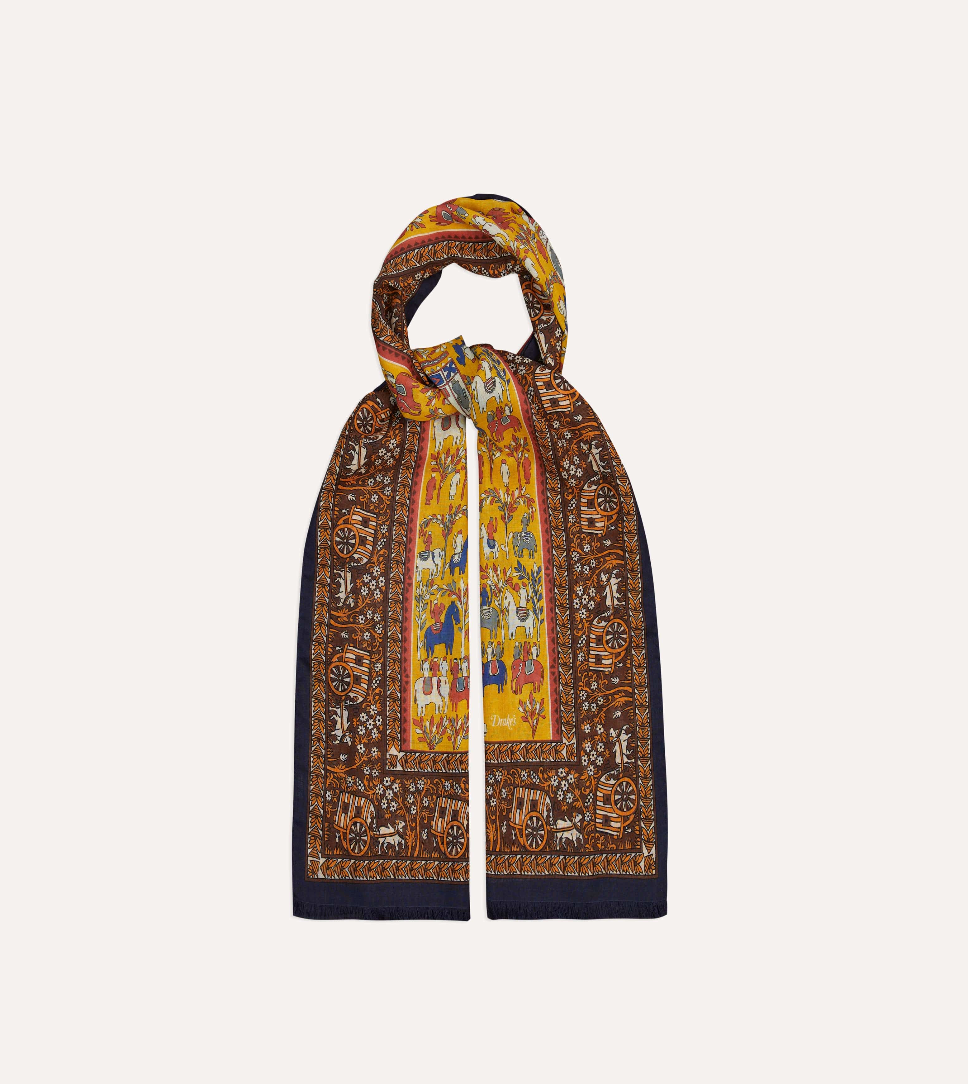 Yellow Elephant Village Print Wool-Silk Scarf