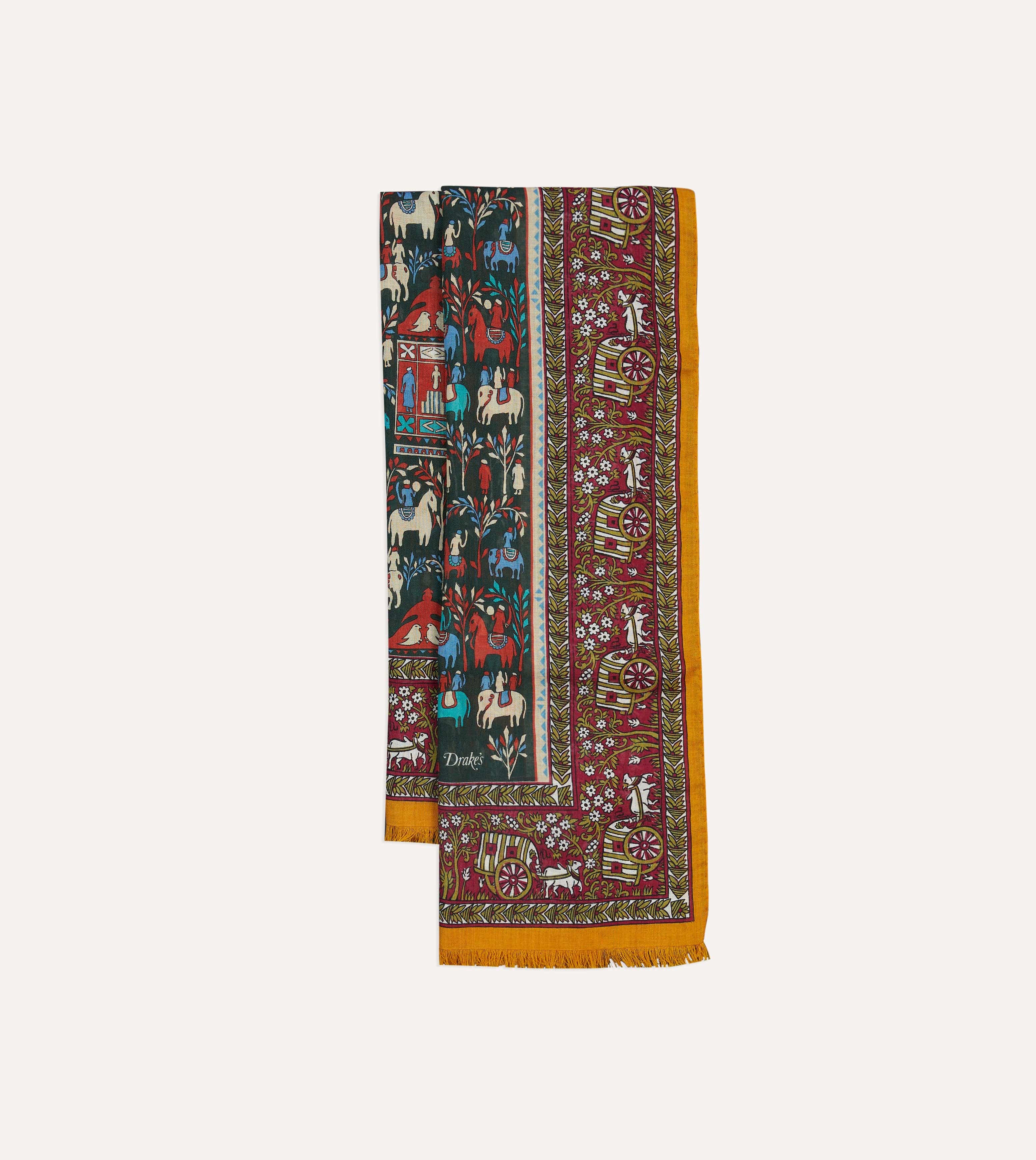 Burgundy Elephant Village Print Wool-Silk Scarf