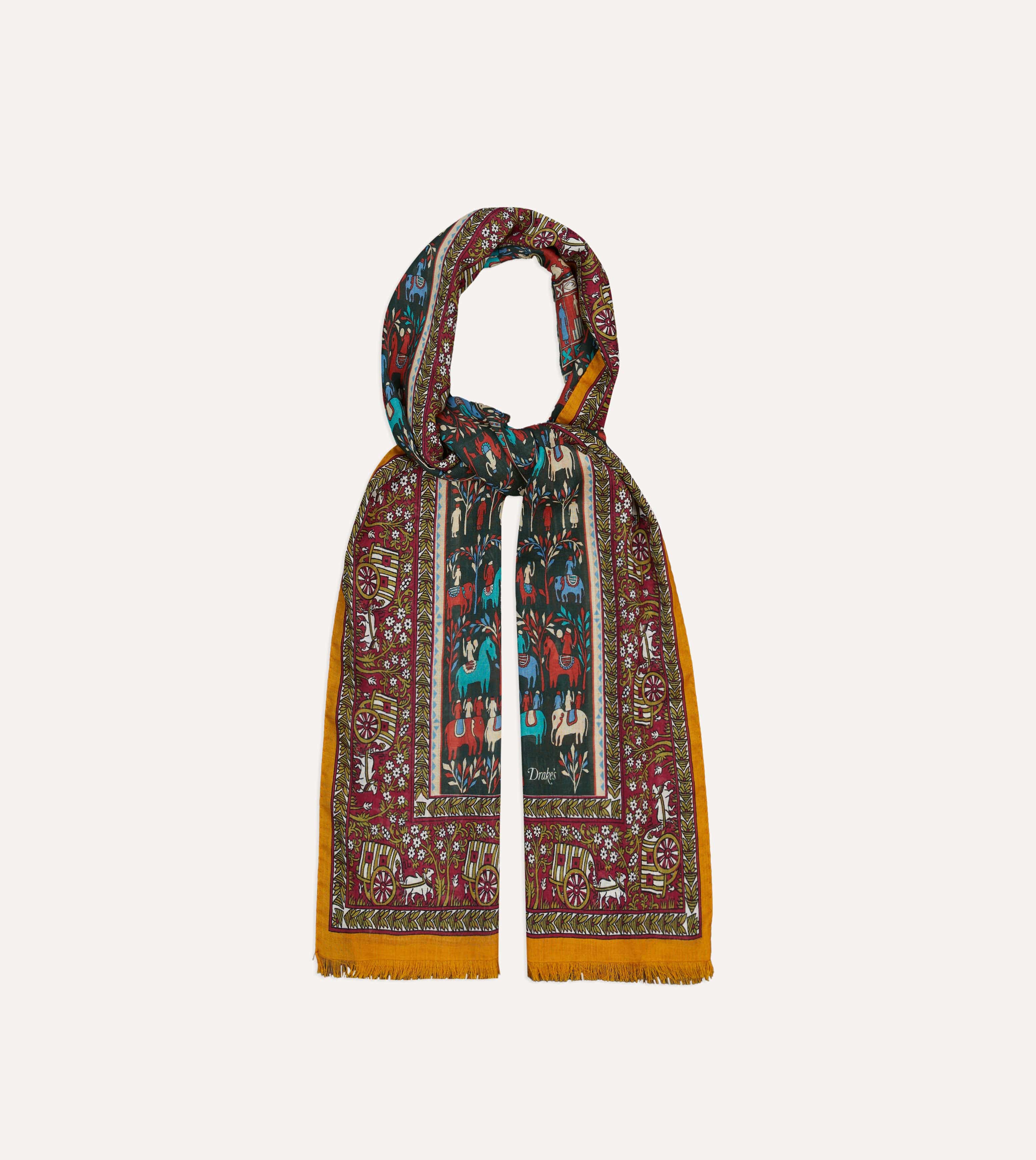 Burgundy Elephant Village Print Wool-Silk Scarf