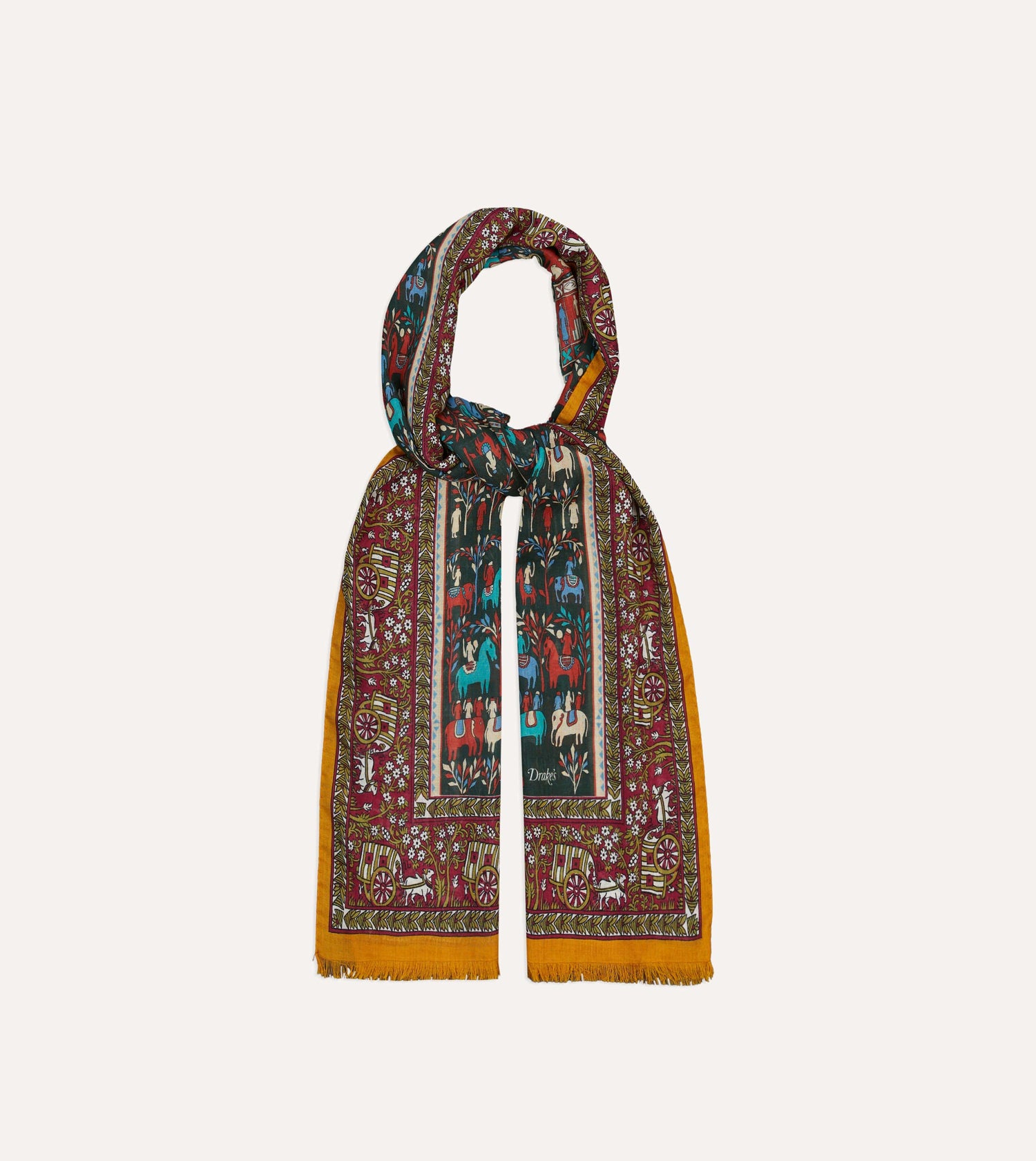 Burgundy Elephant Village Print Wool-Silk Scarf