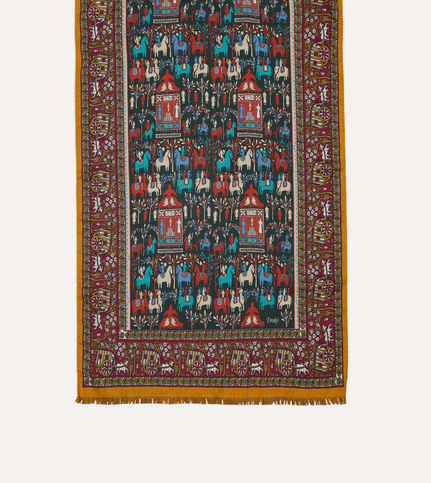 Burgundy Elephant Village Print Wool-Silk Scarf