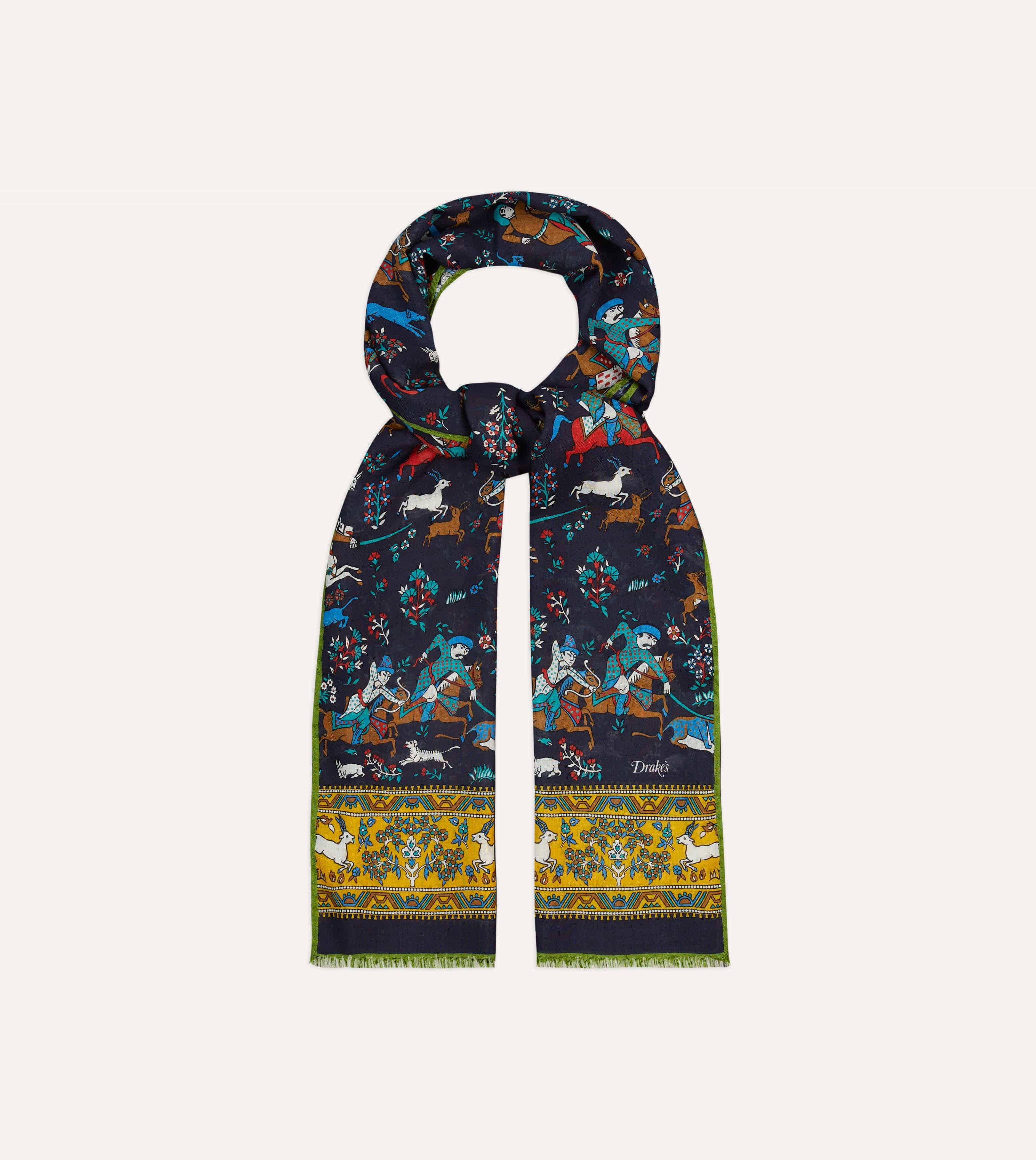 Navy Mughal Archer Print Wool Silk Scarf