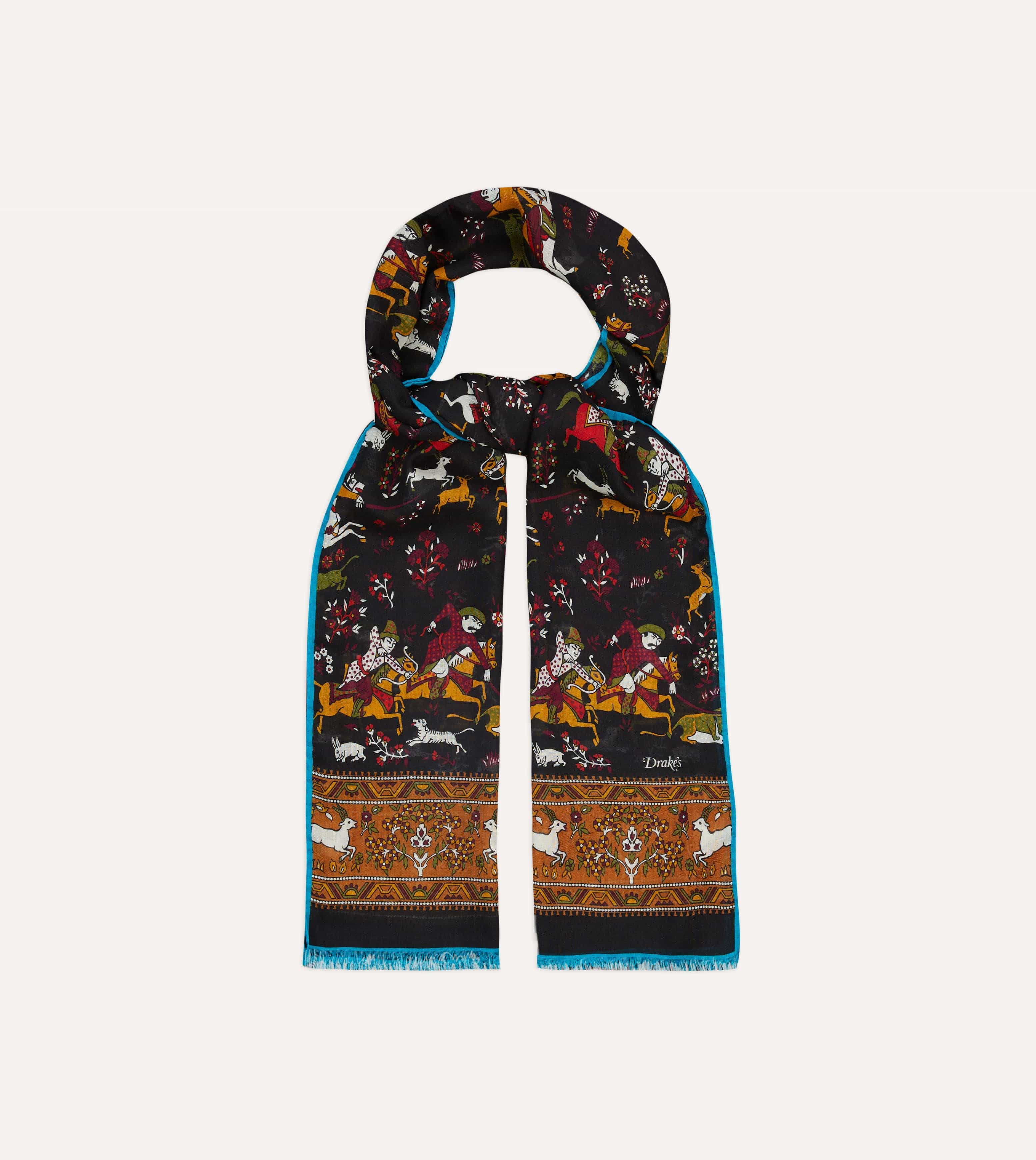 Black Mughal Archer Print Wool Silk Scarf