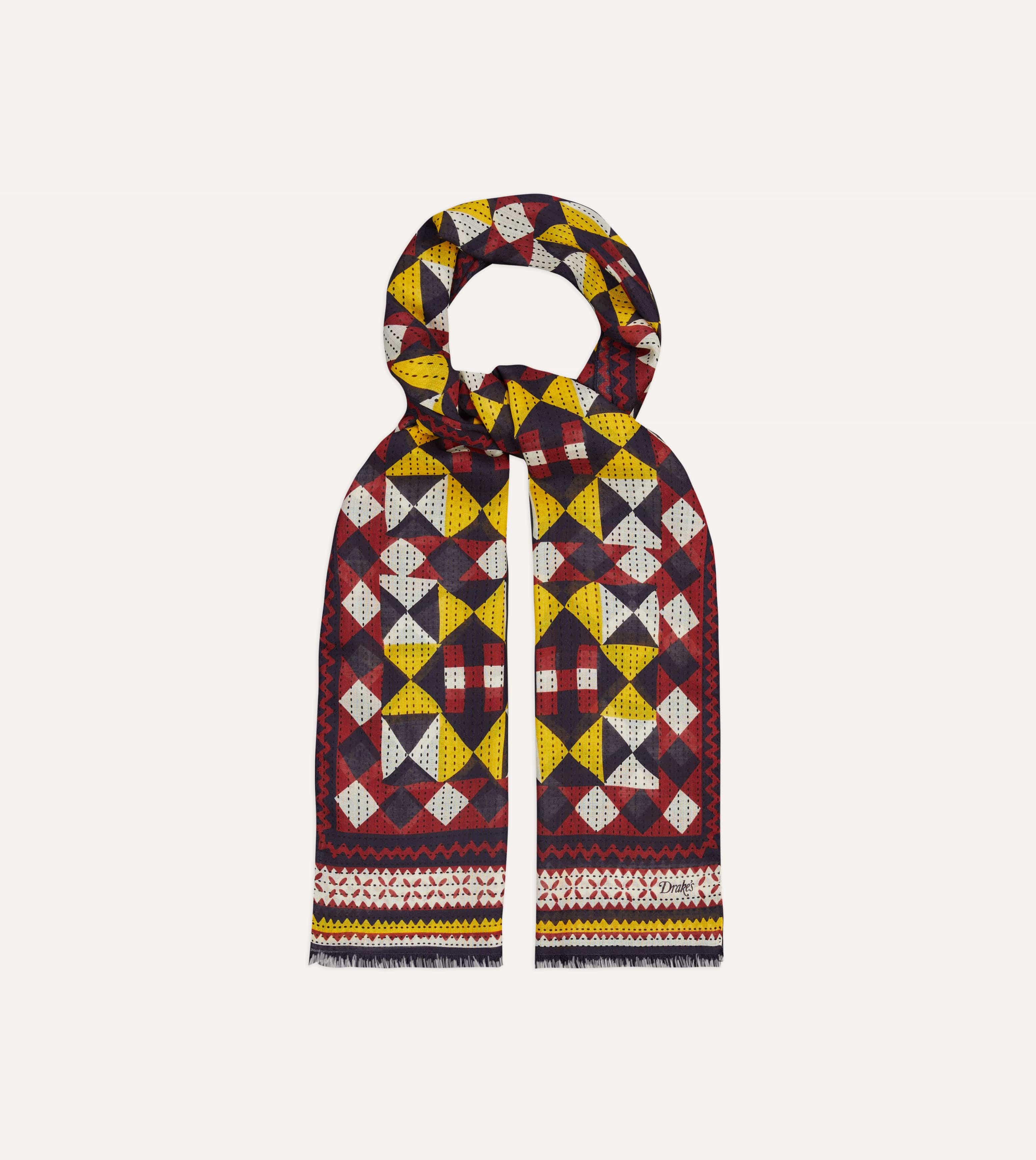 Red and Yellow Patchwork Print Wool-Silk Scarf