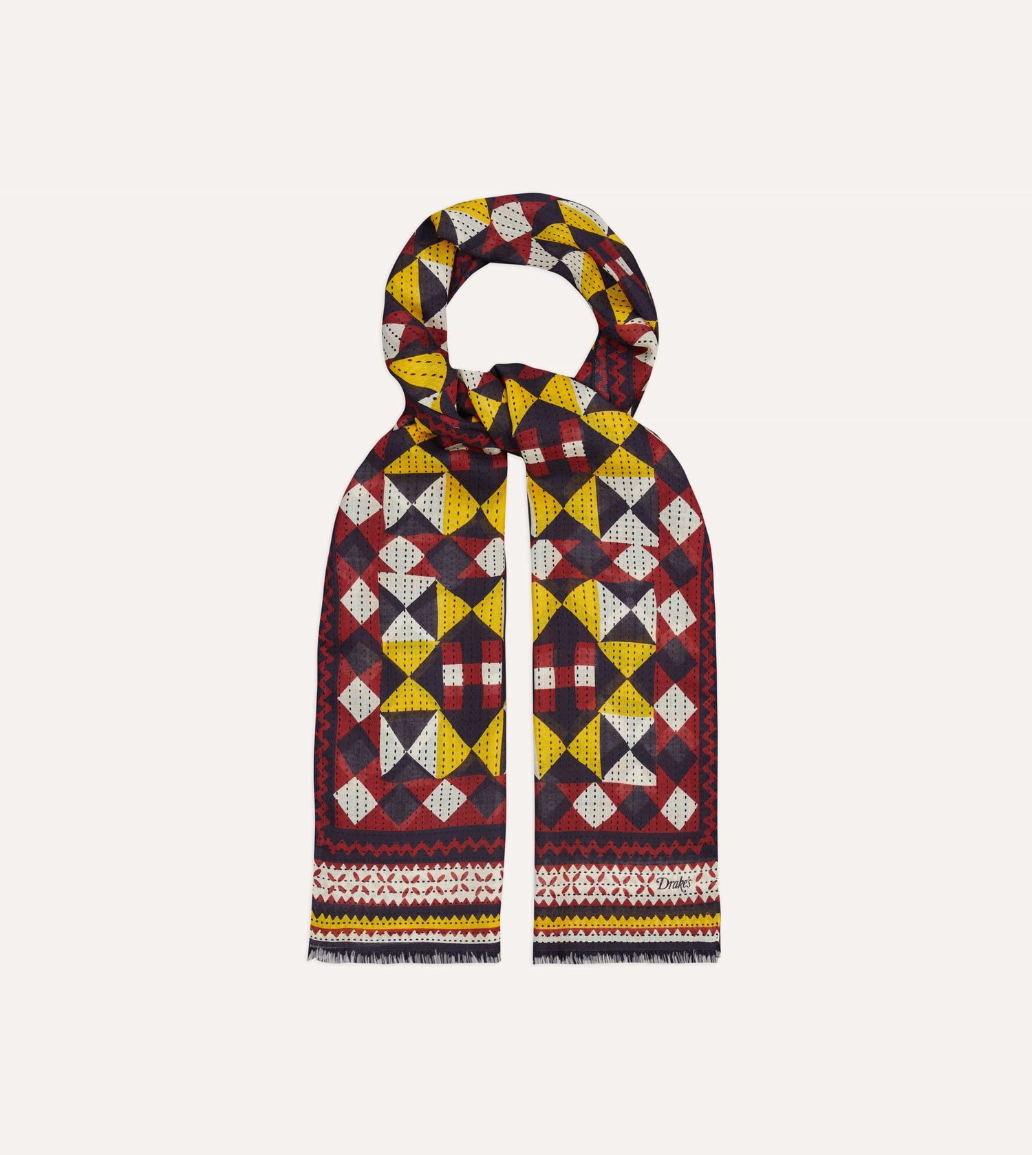 Red and Yellow Patchwork Print Wool-Silk Scarf