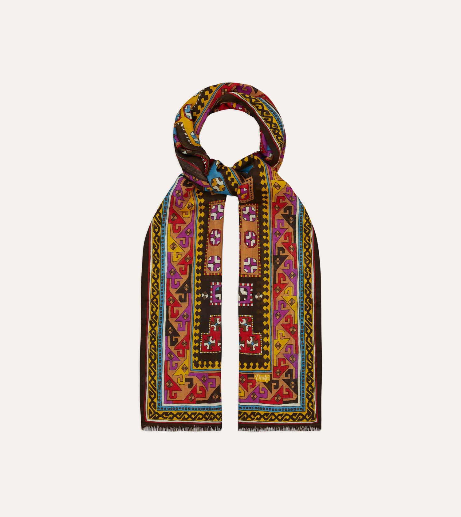 Brown Kilim Print Wool-Silk Scarf