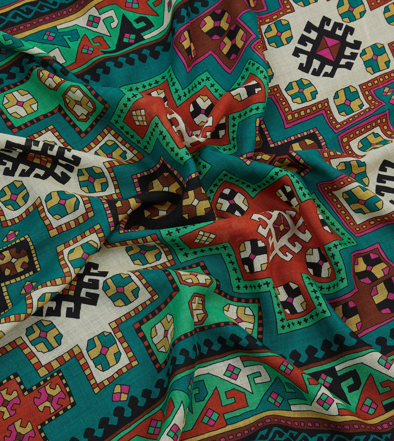 Green Kilim Print Wool-Silk Scarf