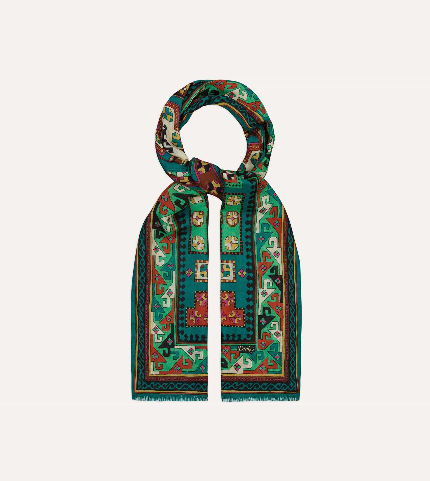 Green Kilim Print Wool-Silk Scarf
