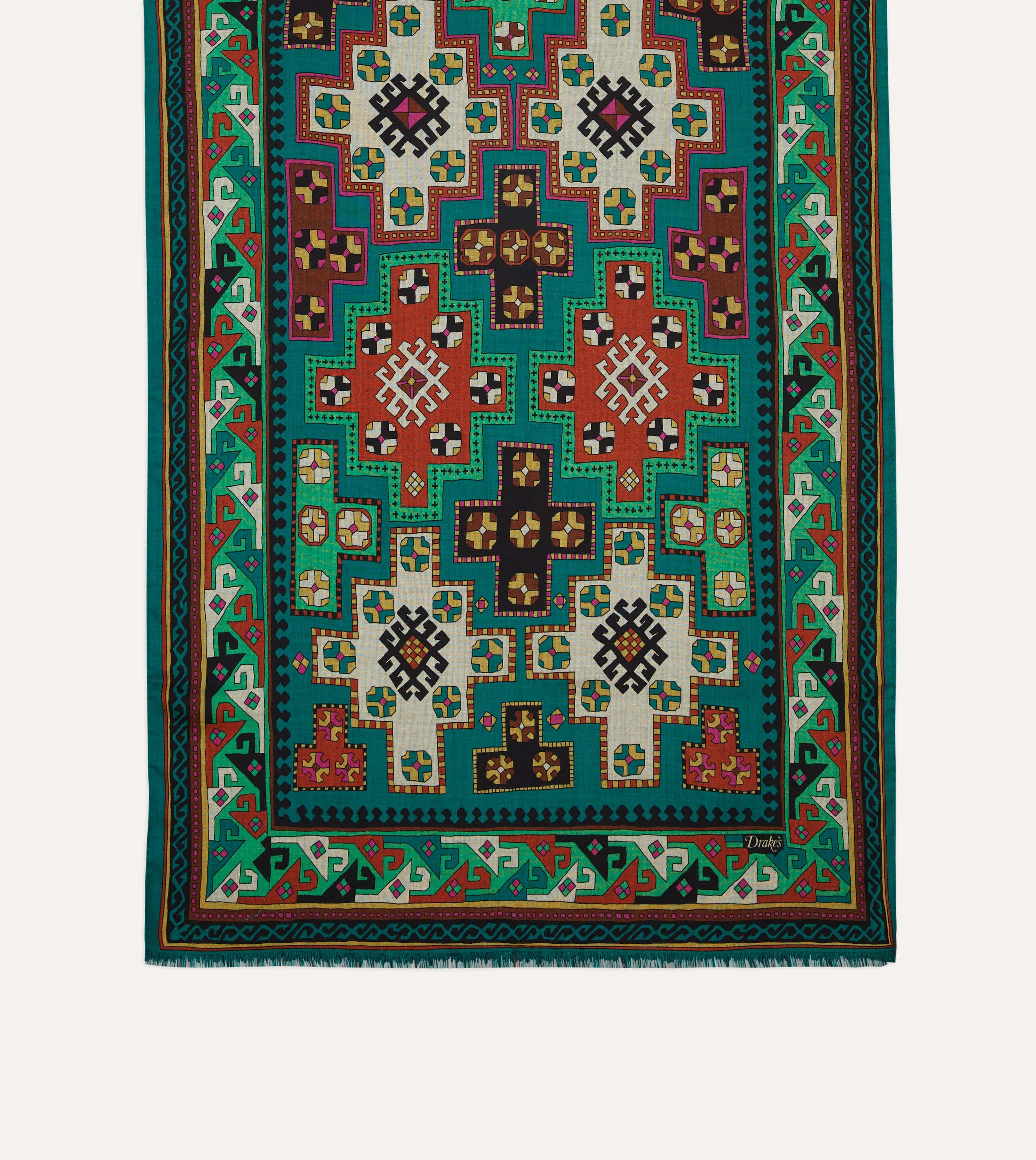 Green Kilim Print Wool-Silk Scarf