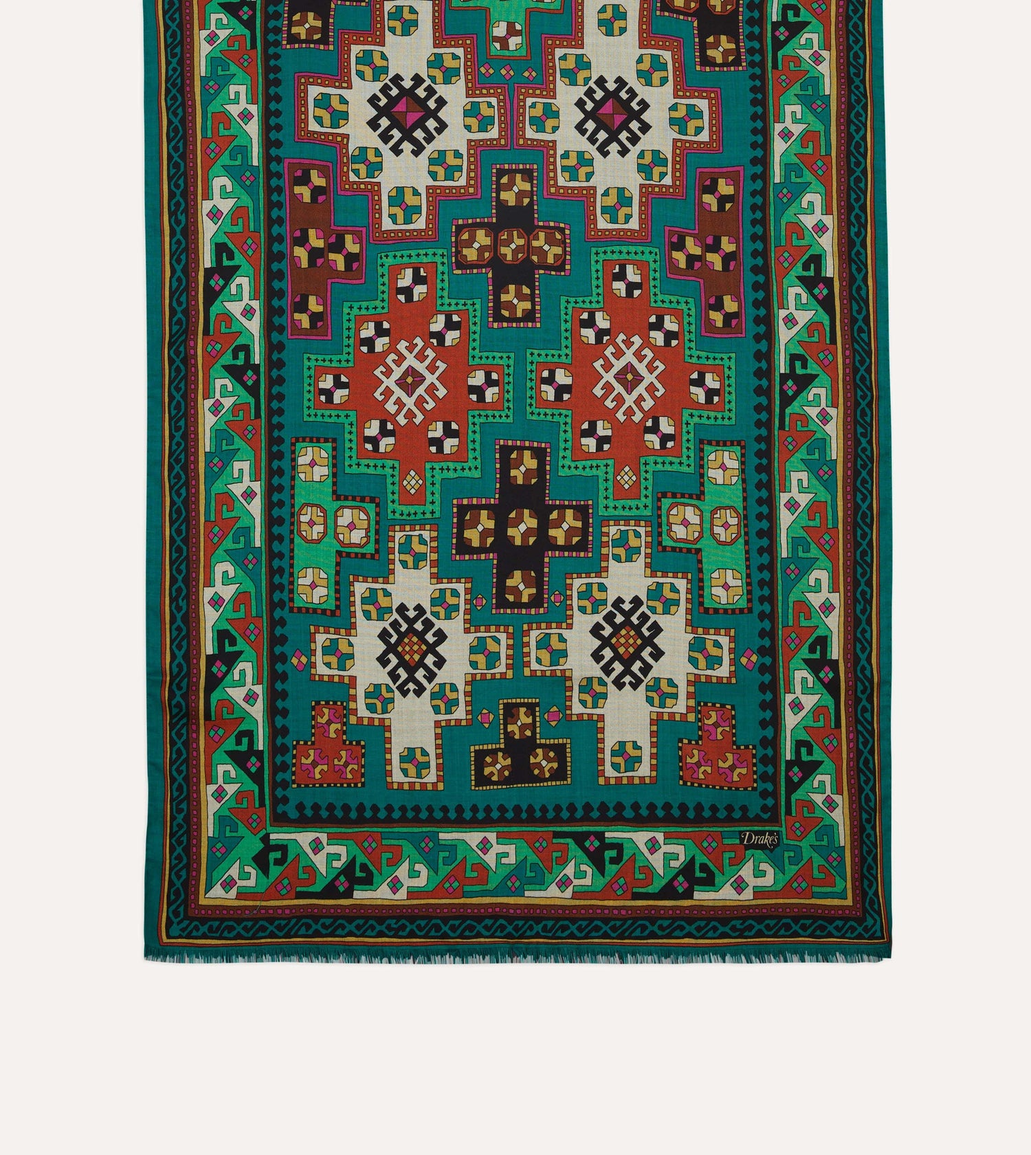 Green Kilim Print Wool-Silk Scarf