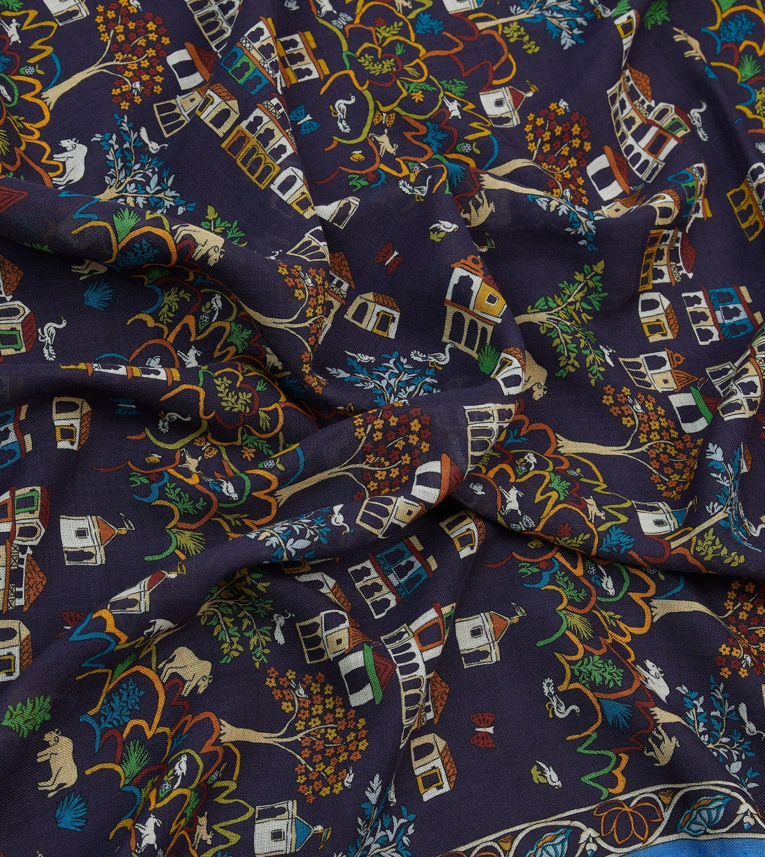 Navy Antique Village Print Wool Silk Scarf