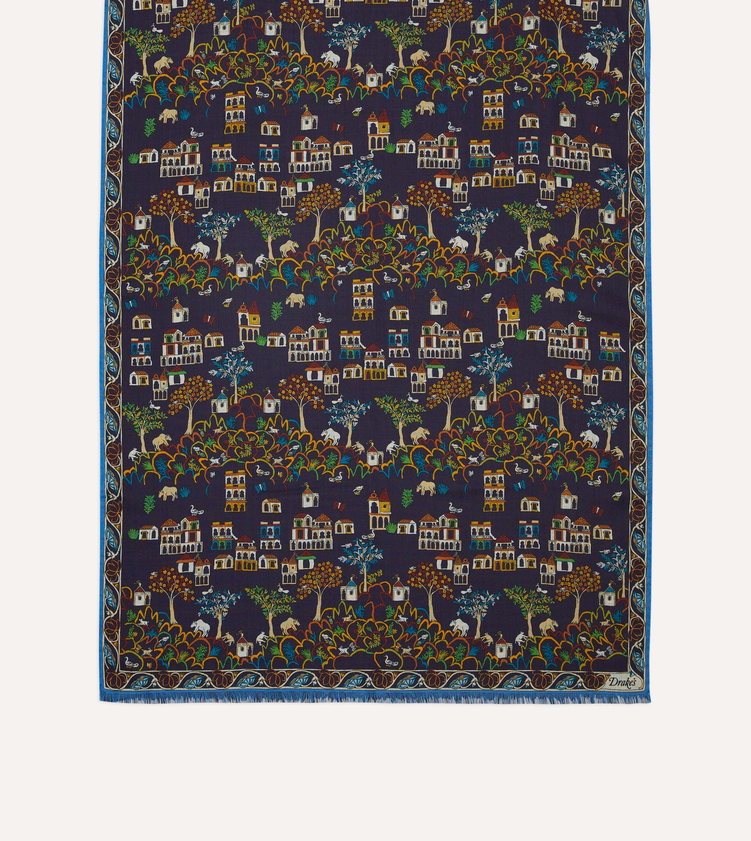 Navy Antique Village Print Wool Silk Scarf