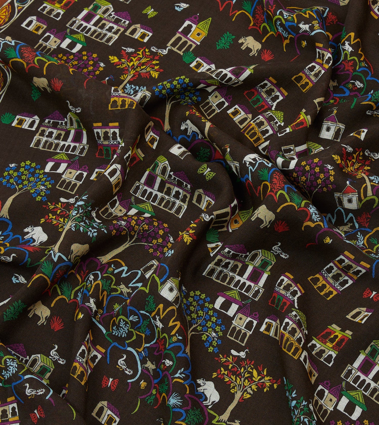 Brown Antique Village Print Wool Silk Scarf