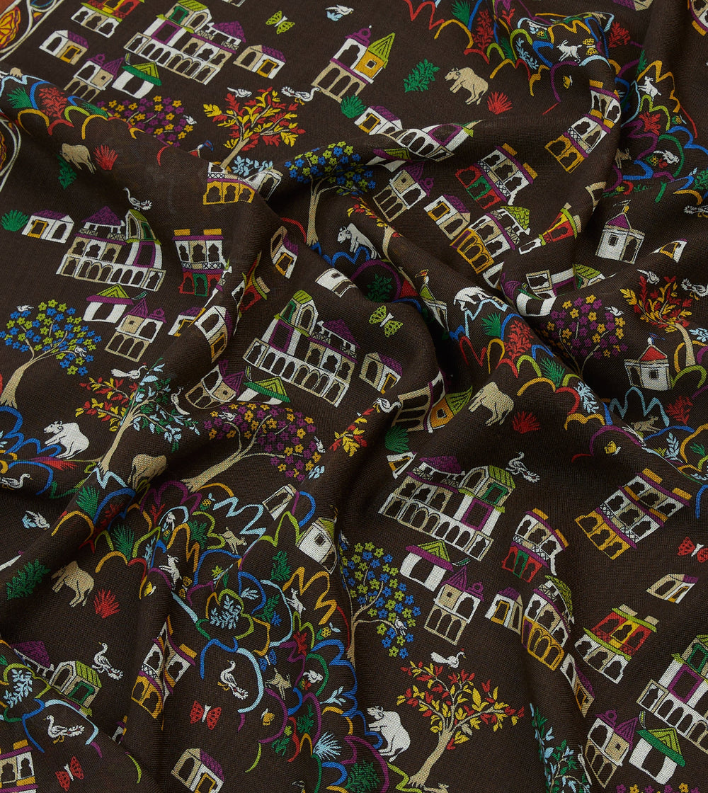 Brown Antique Village Print Wool Silk Scarf