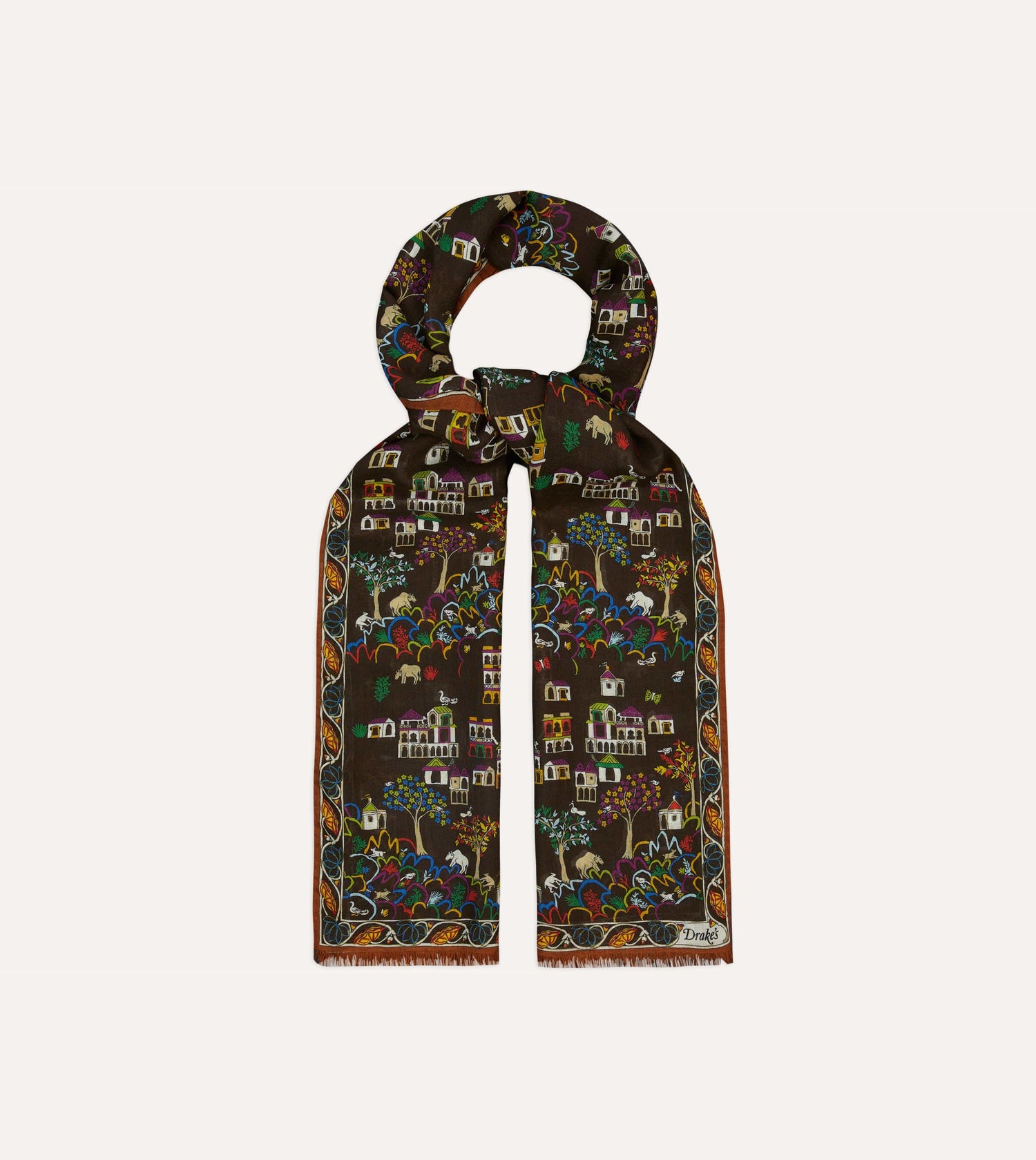 Brown Antique Village Print Wool Silk Scarf
