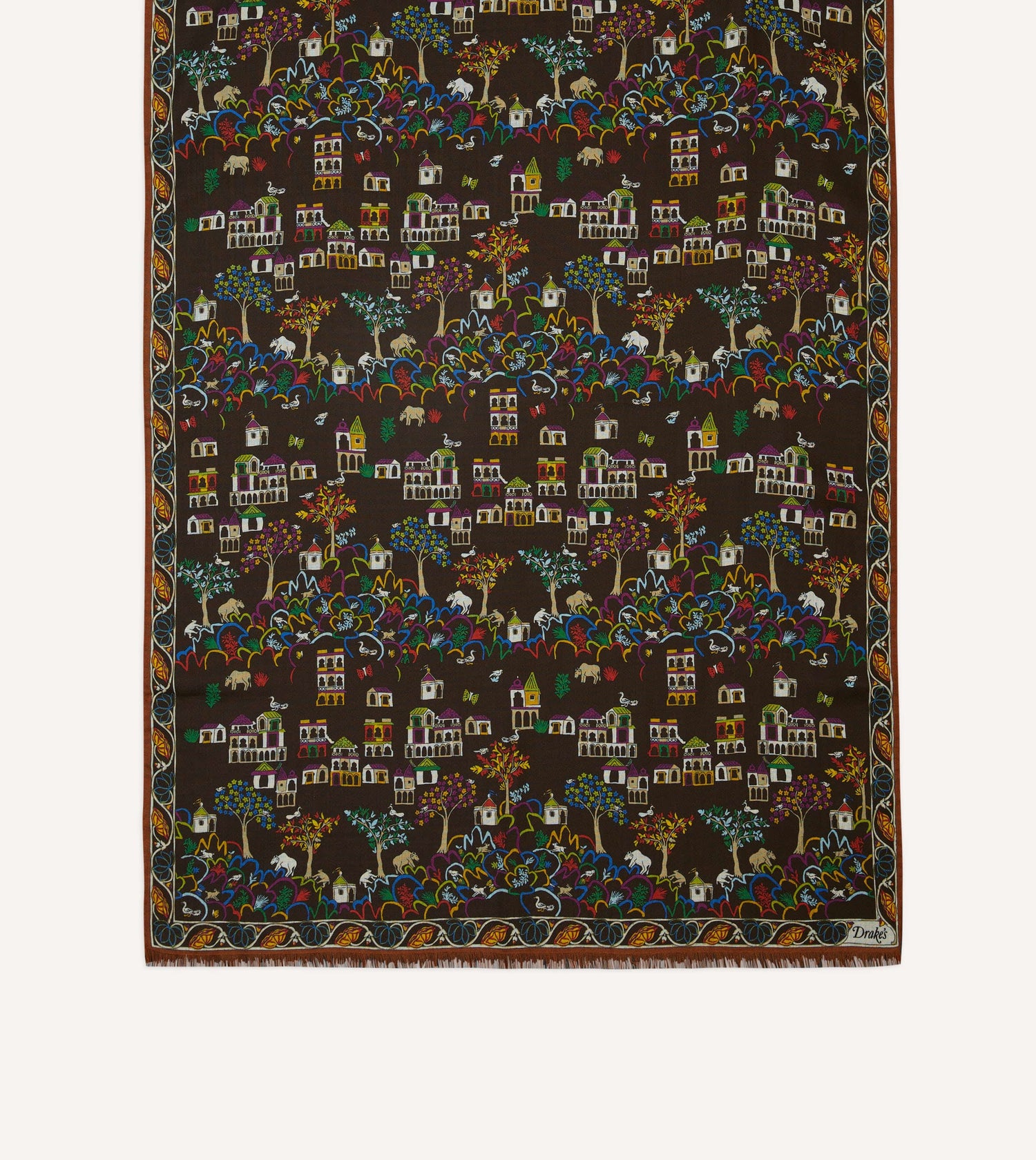 Brown Antique Village Print Wool Silk Scarf