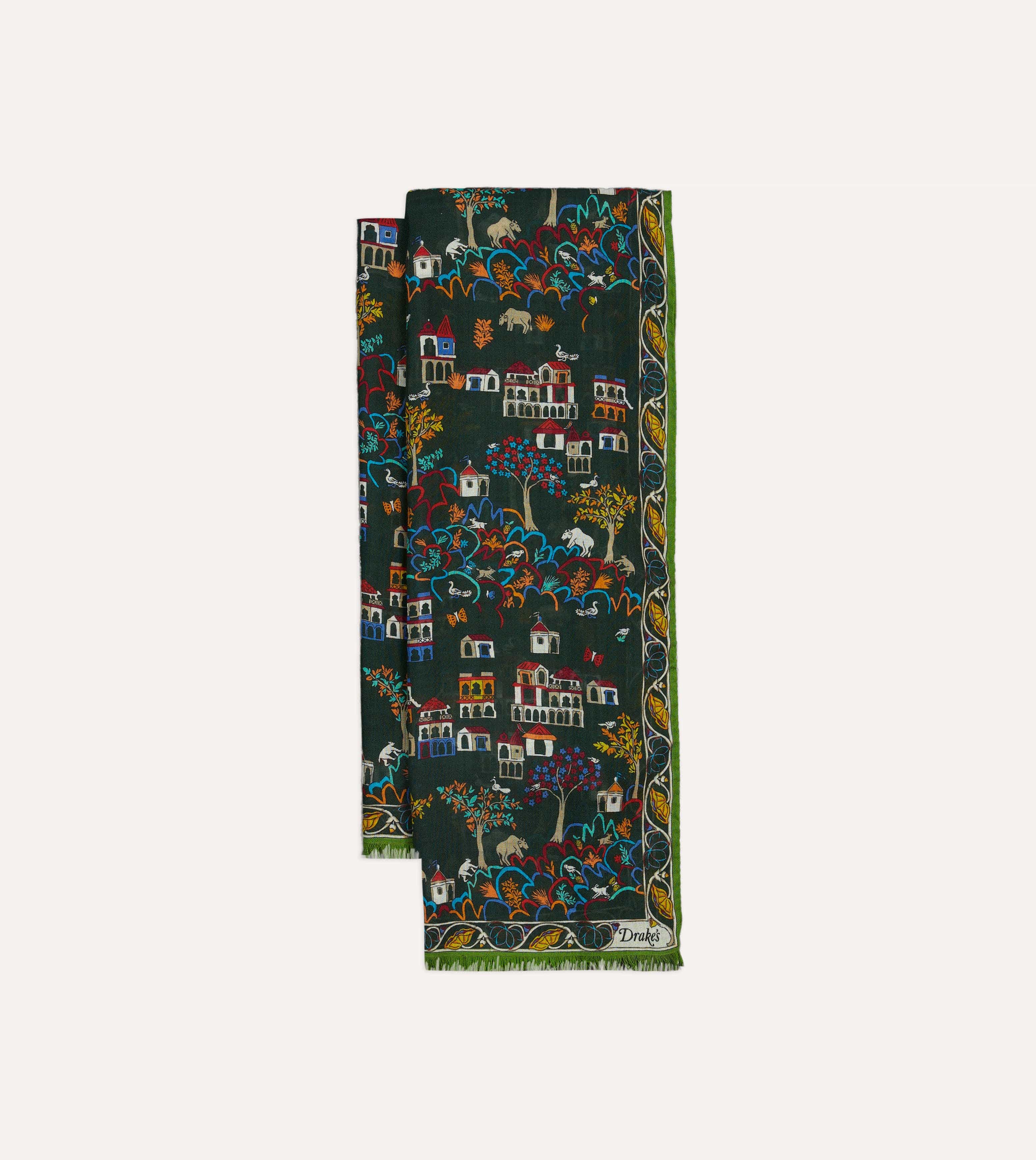 Green Antique Village Print Wool Silk Scarf