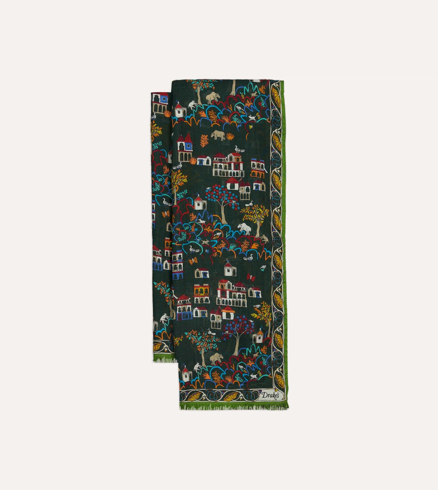 Green Antique Village Print Wool Silk Scarf