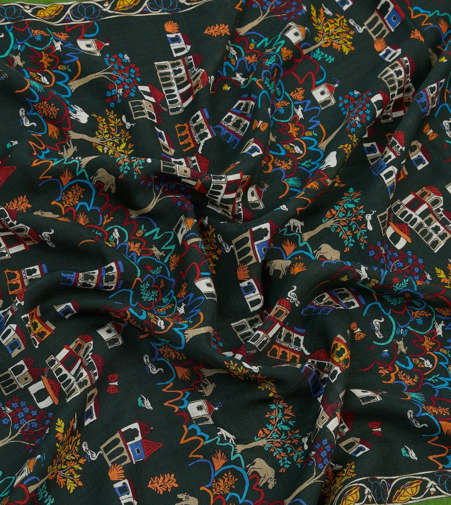 Green Antique Village Print Wool Silk Scarf