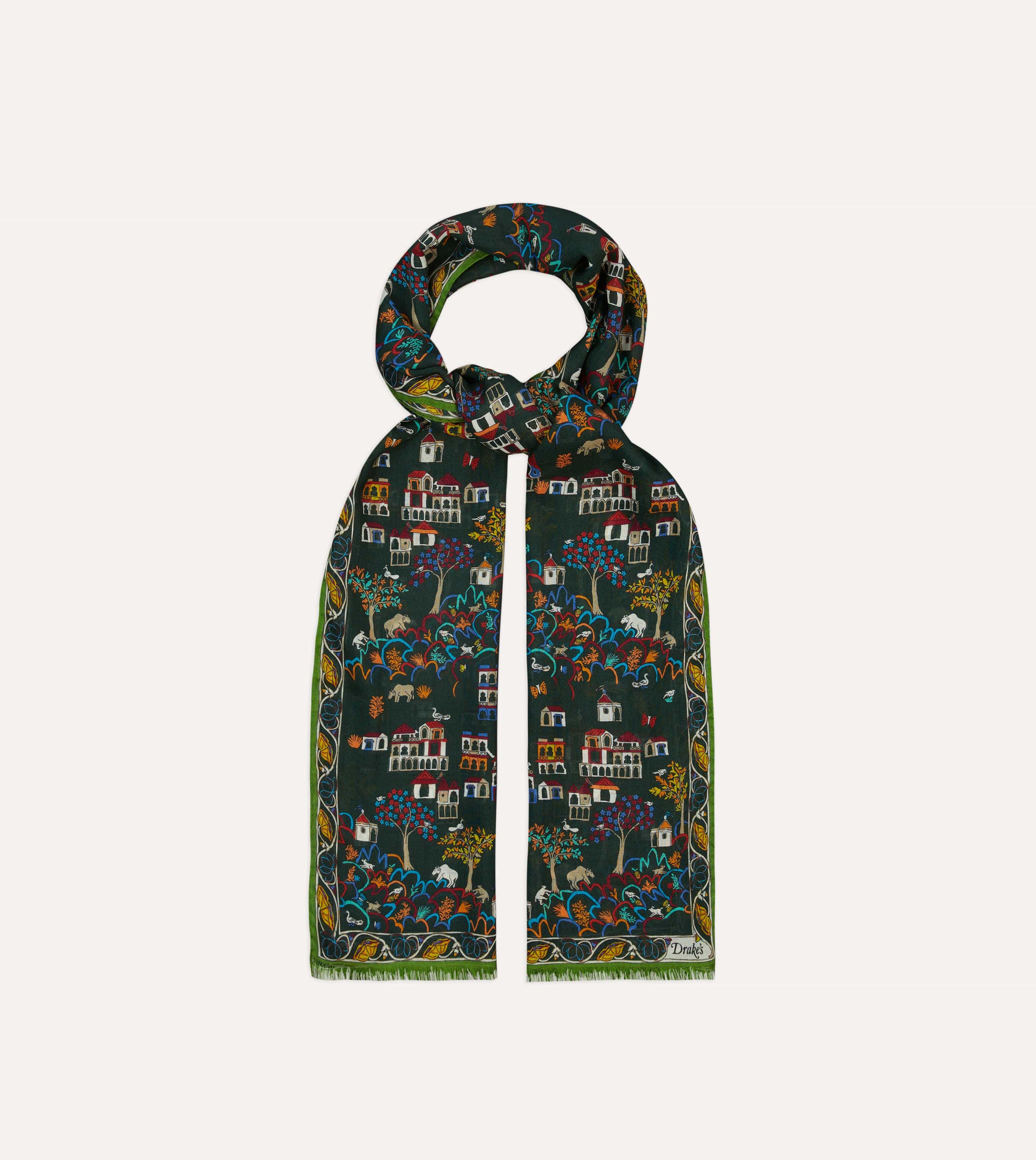 Green Antique Village Print Wool Silk Scarf