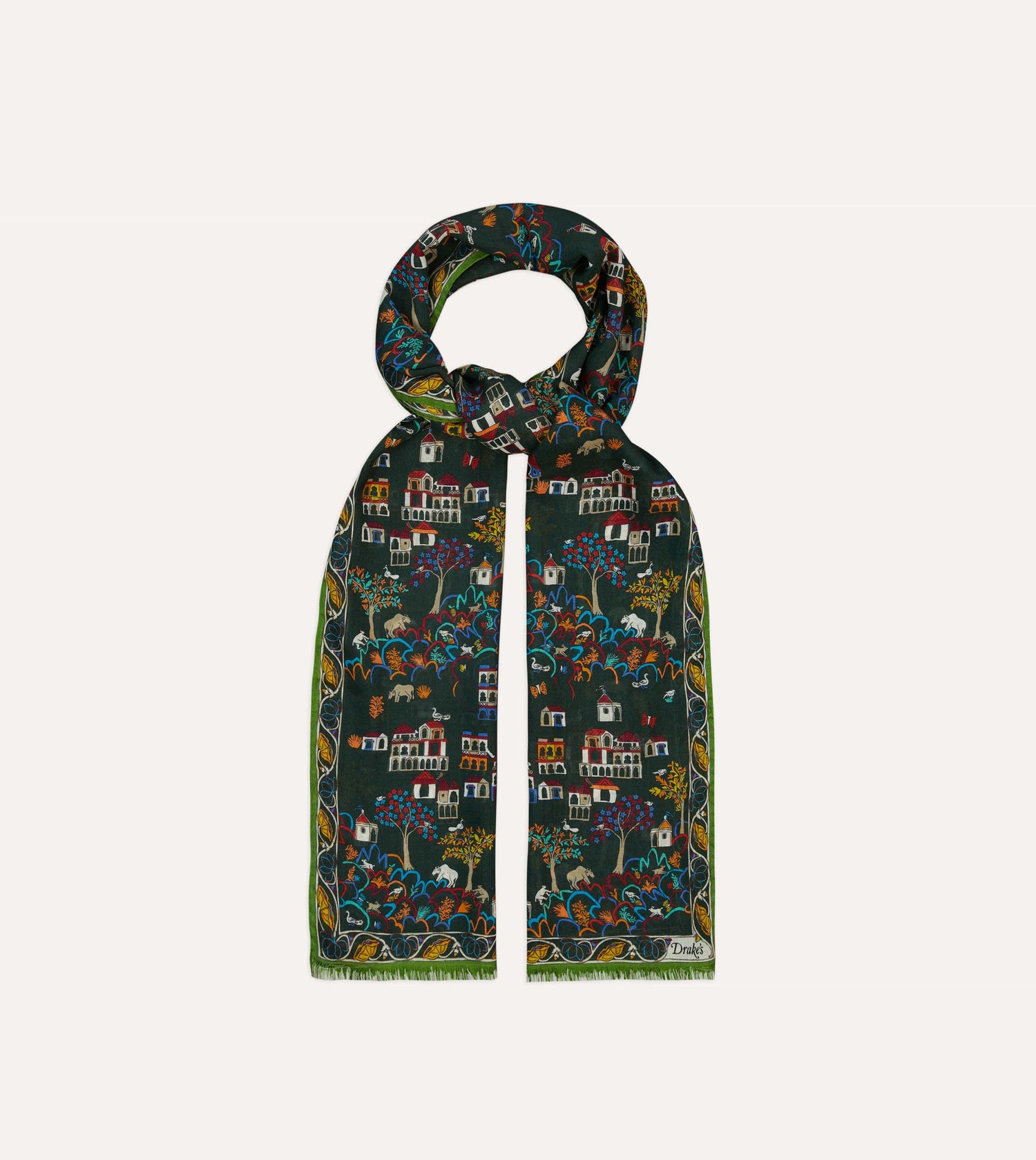 Green Antique Village Print Wool Silk Scarf
