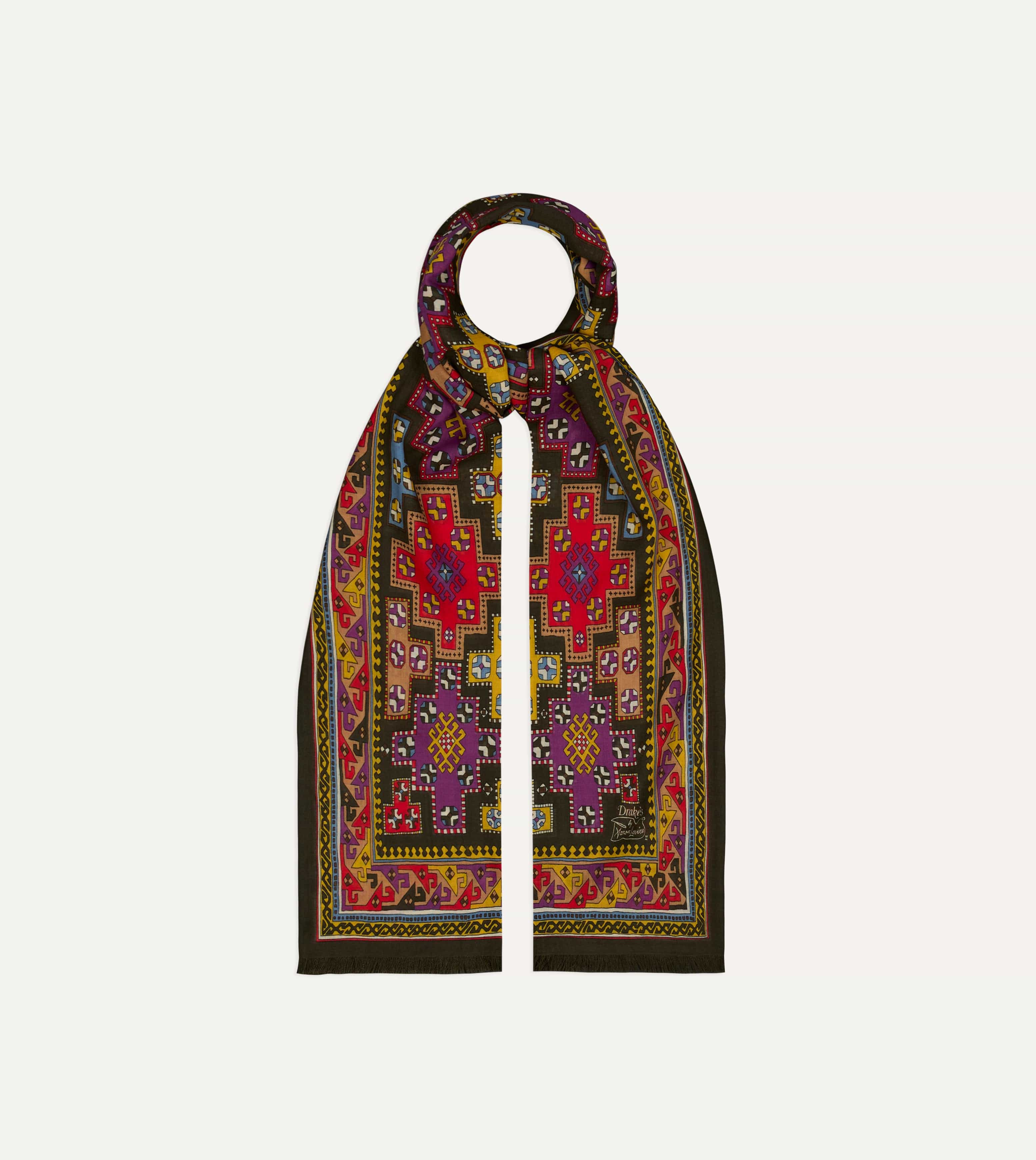 Drake's by A. Levine Black Geometric Print Tubular Wool Silk Scarf