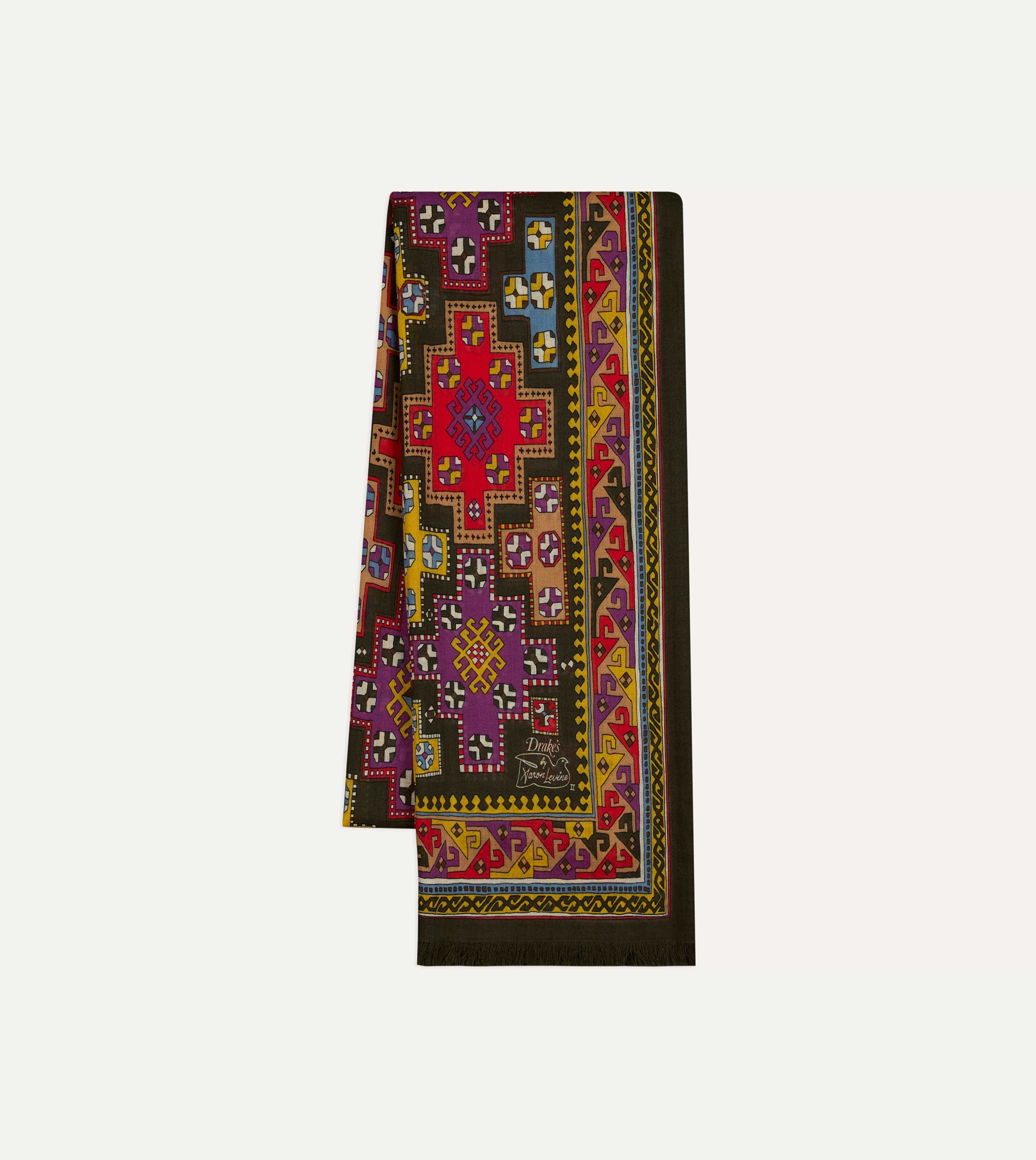 Drake's by A. Levine Black Geometric Print Tubular Wool Silk Scarf