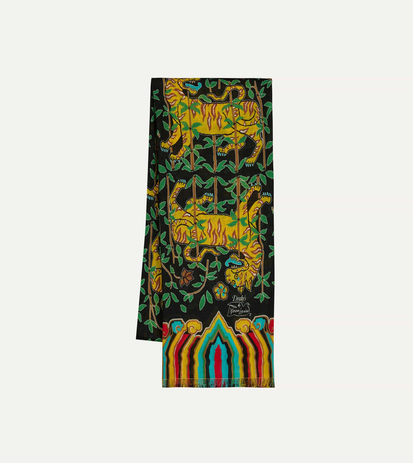 Drake's by A. Levine Black Tigers Print Tubular Wool Silk Scarf