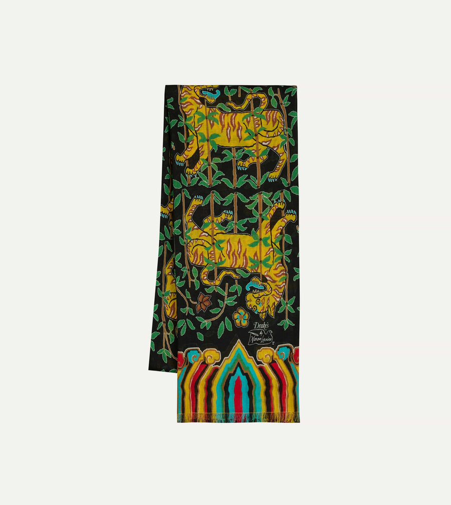 Drake's by A. Levine Black Tigers Print Tubular Wool Silk Scarf