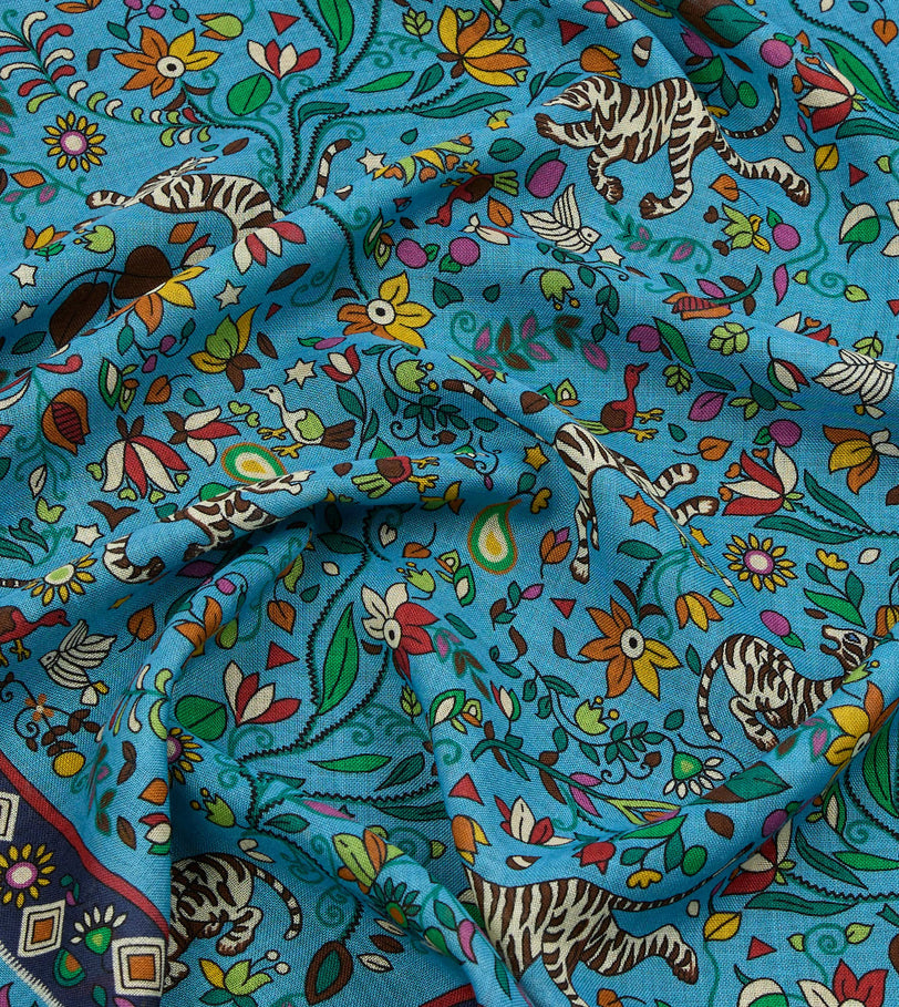 Blue Tiger Garden Print Wool Silk Scarf