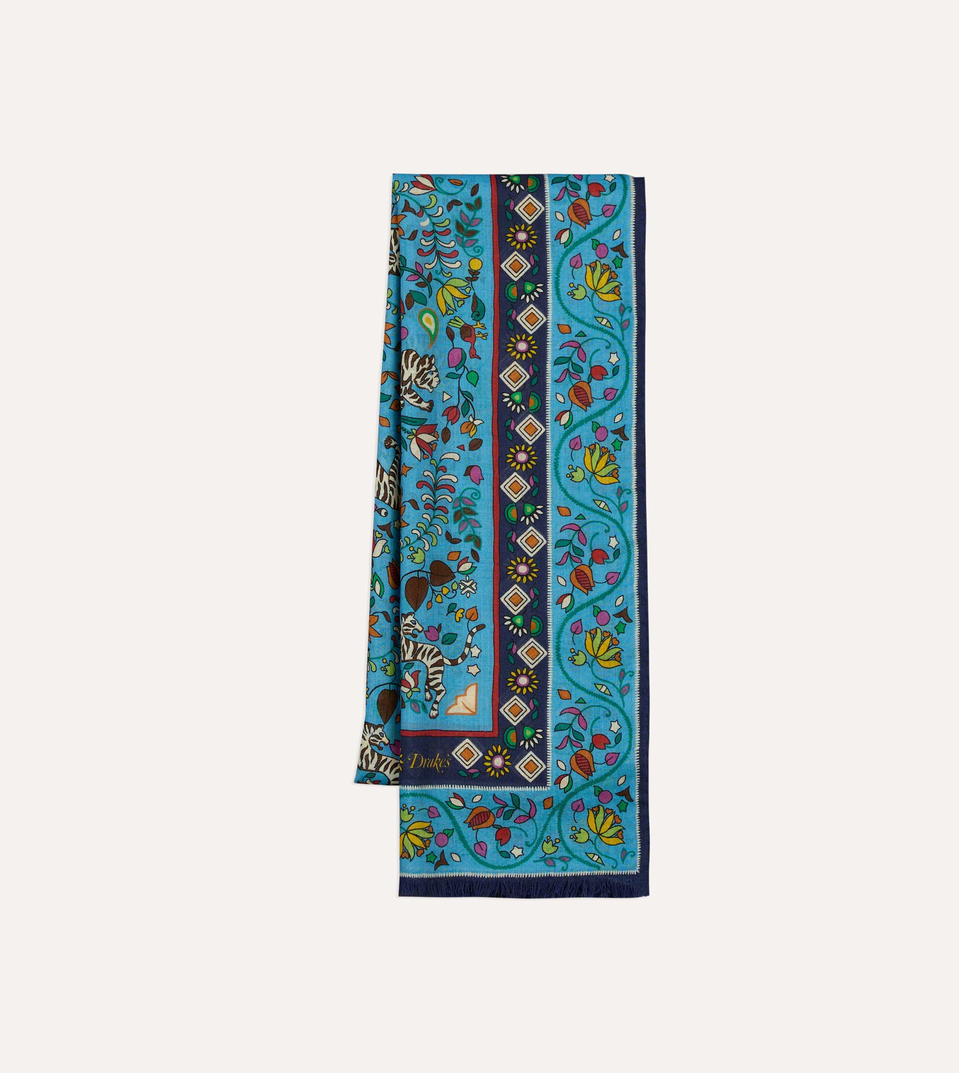 Blue Tiger Garden Print Wool Silk Scarf