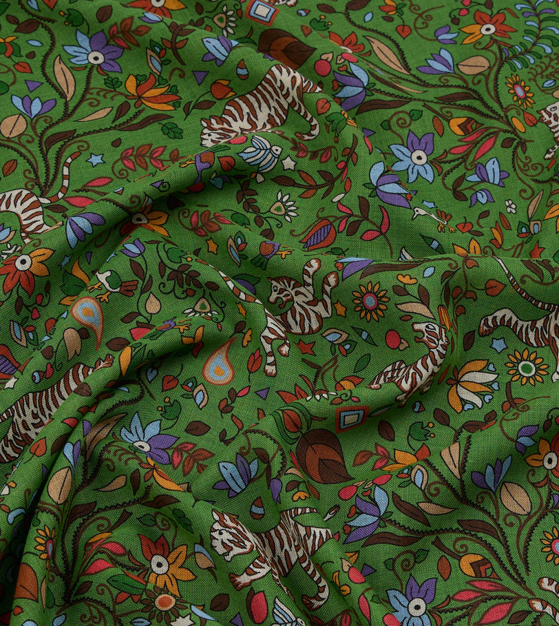 Green Tiger Garden Print Wool Silk Scarf