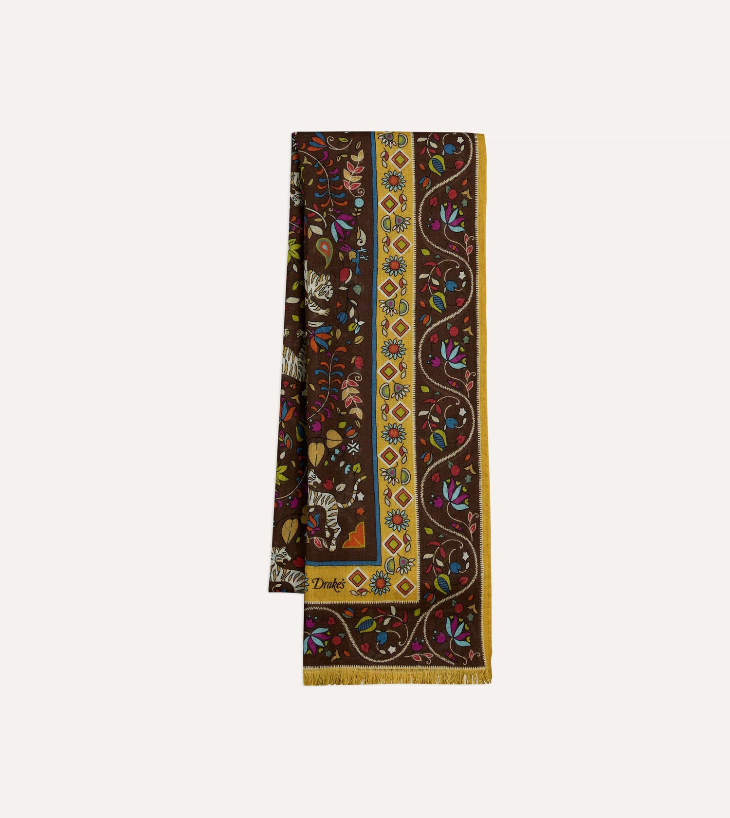 Brown Tiger Garden Print Wool Silk Scarf