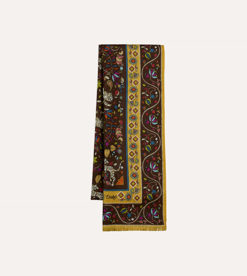 Brown Tiger Garden Print Wool Silk Scarf