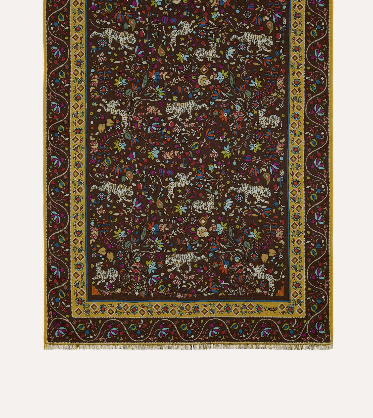 Brown Tiger Garden Print Wool Silk Scarf