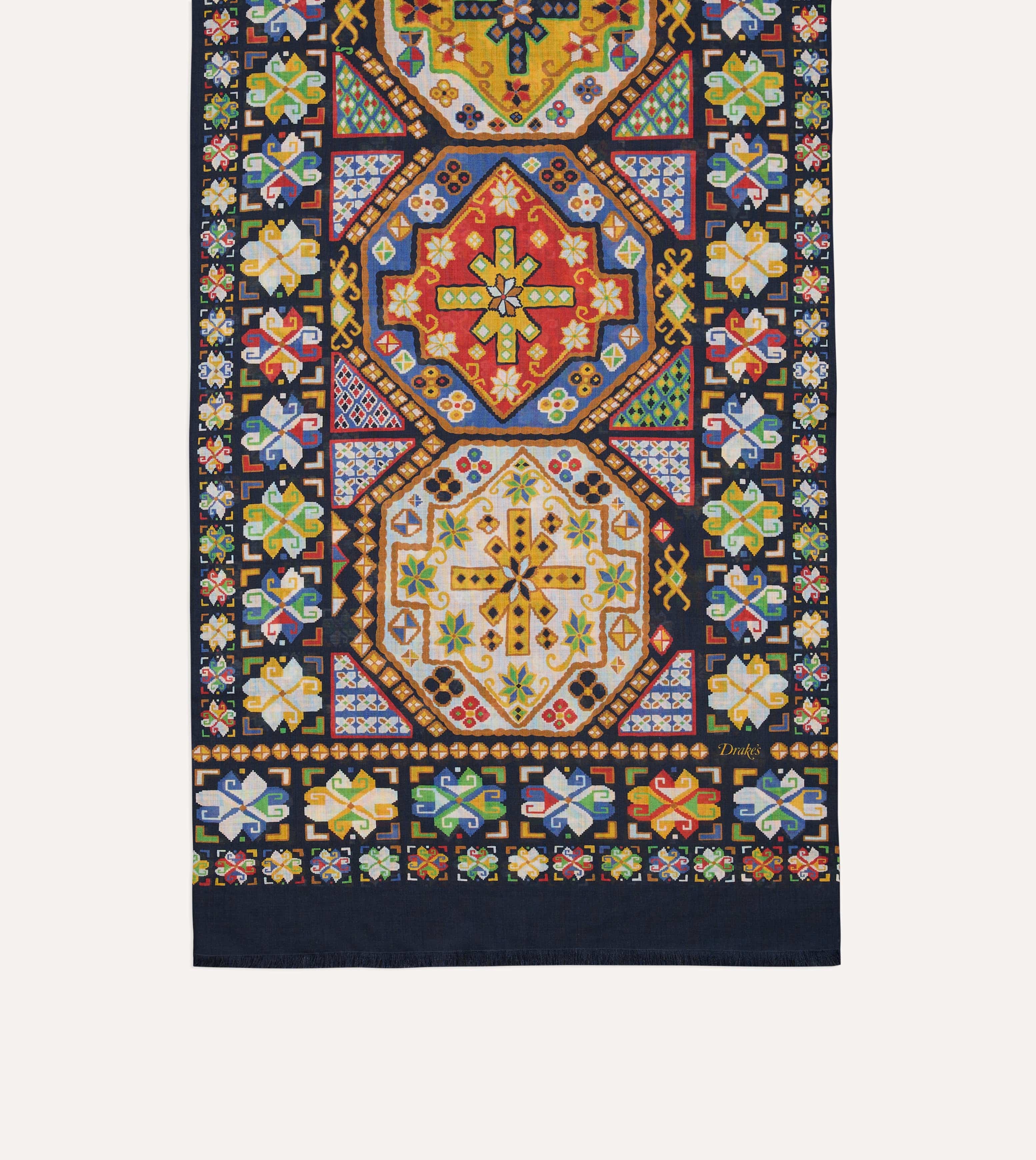 Navy Carpet Print Tubular Wool-Silk Scarf