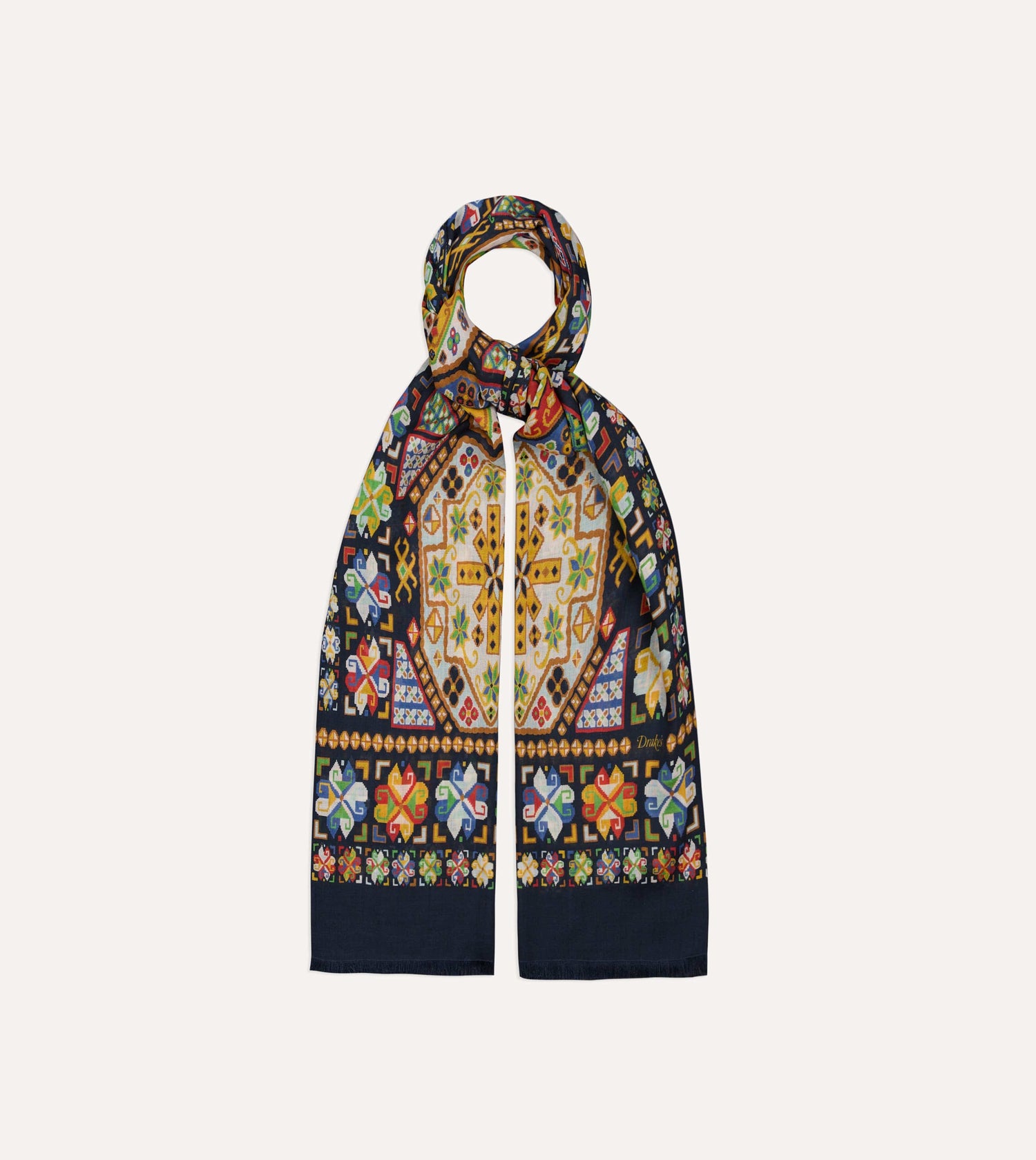 Navy Carpet Print Tubular Wool-Silk Scarf