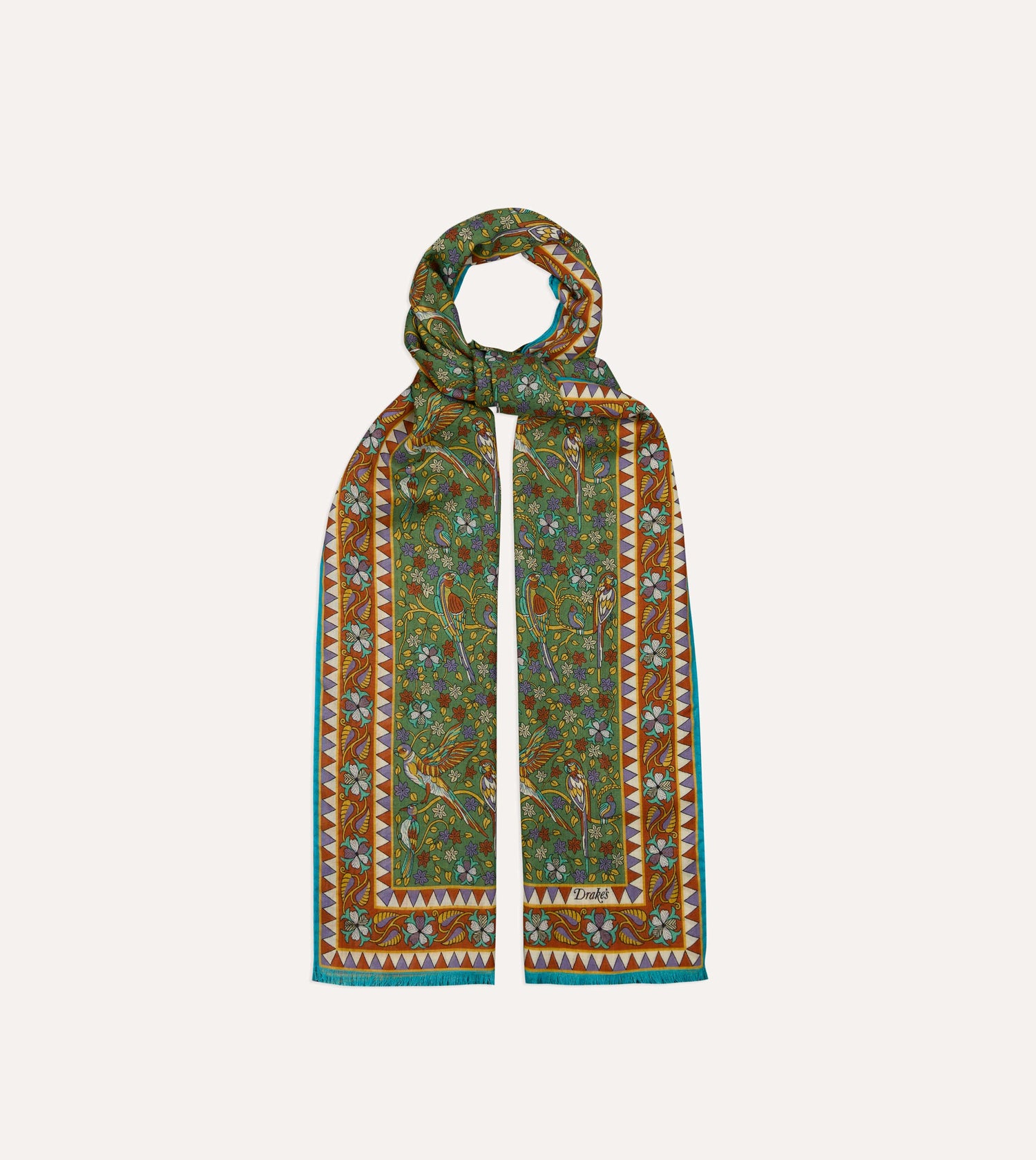 Green Birds and Flowers Print Wool-Silk Scarf