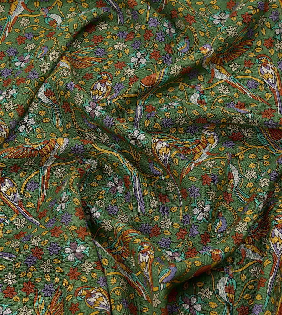 Green Birds and Flowers Print Wool-Silk Scarf