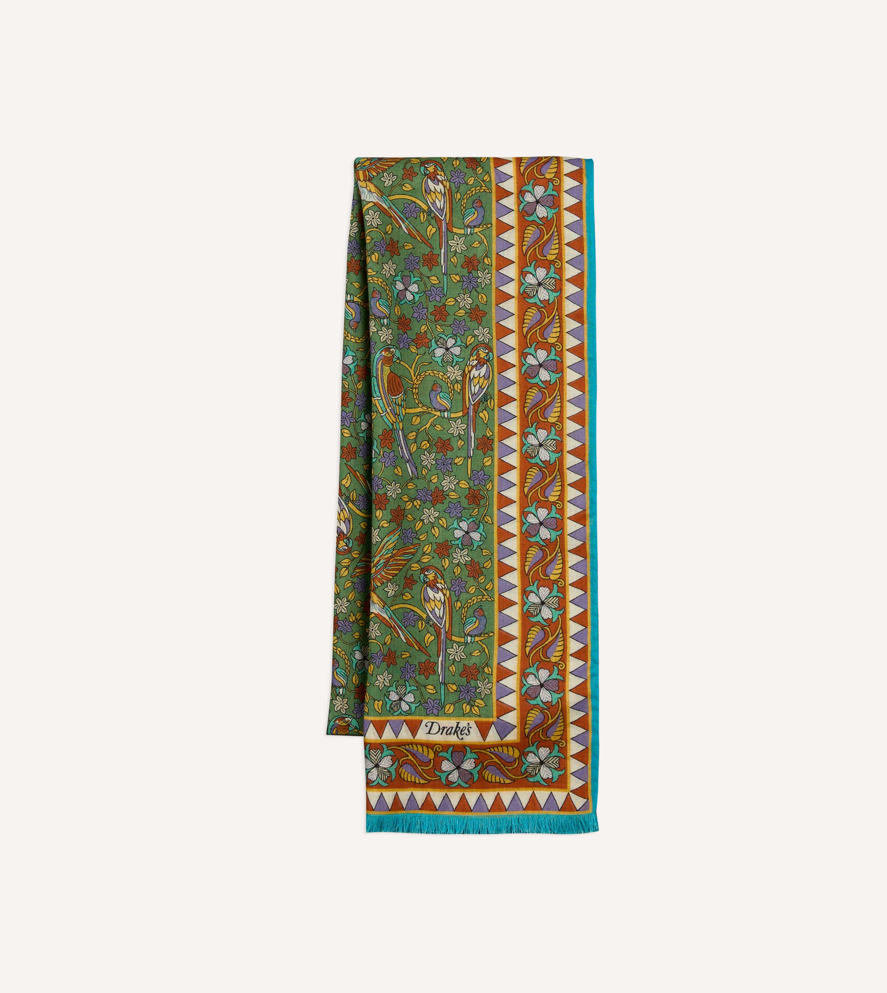 Green Birds and Flowers Print Wool-Silk Scarf