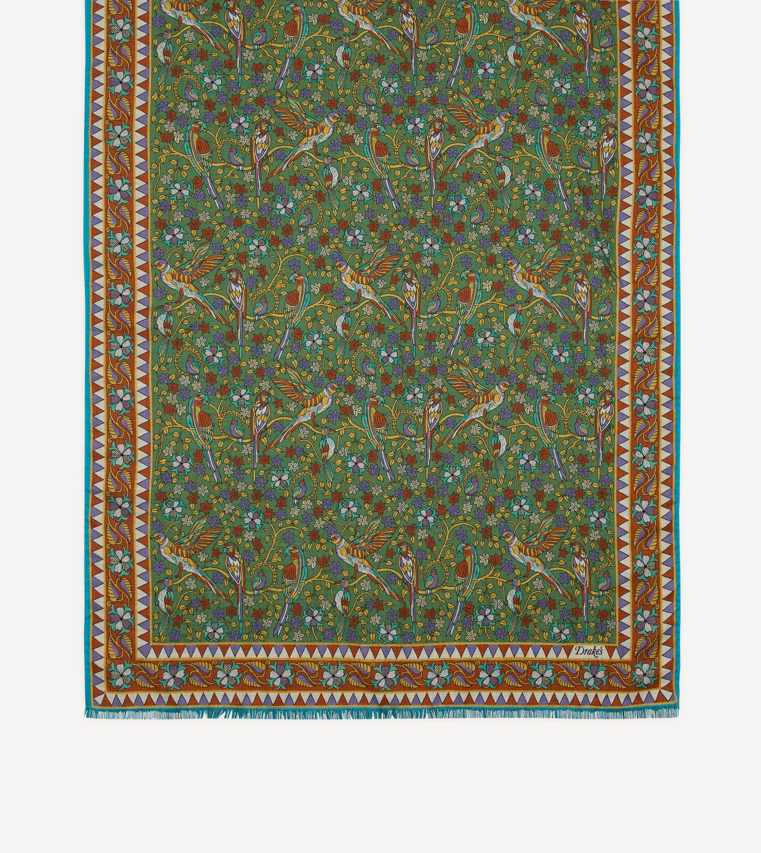 Green Birds and Flowers Print Wool-Silk Scarf