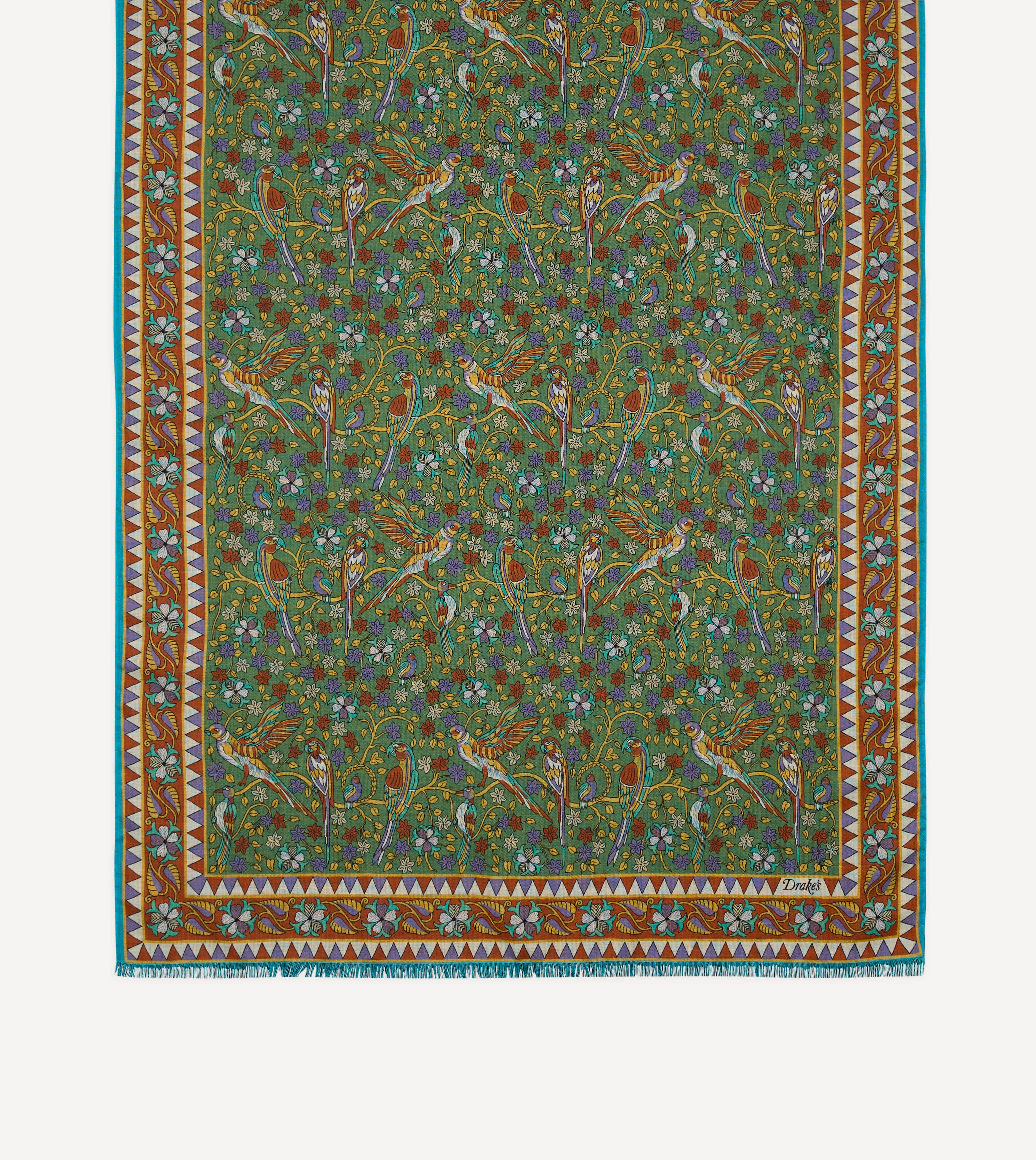Green Birds and Flowers Print Wool-Silk Scarf