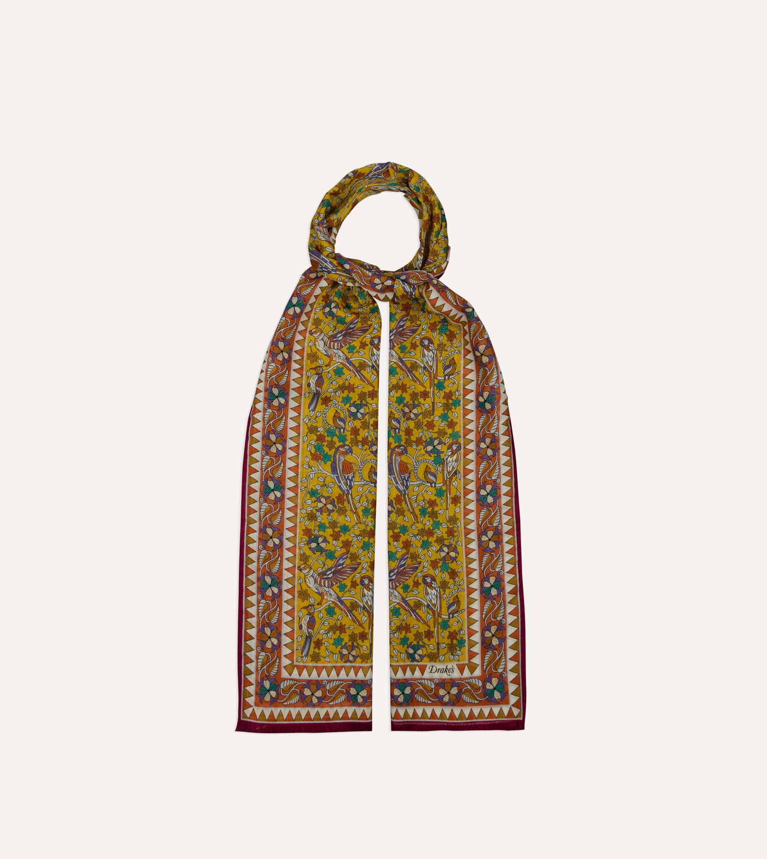 Yellow Birds and Flowers Print Wool-Silk Scarf