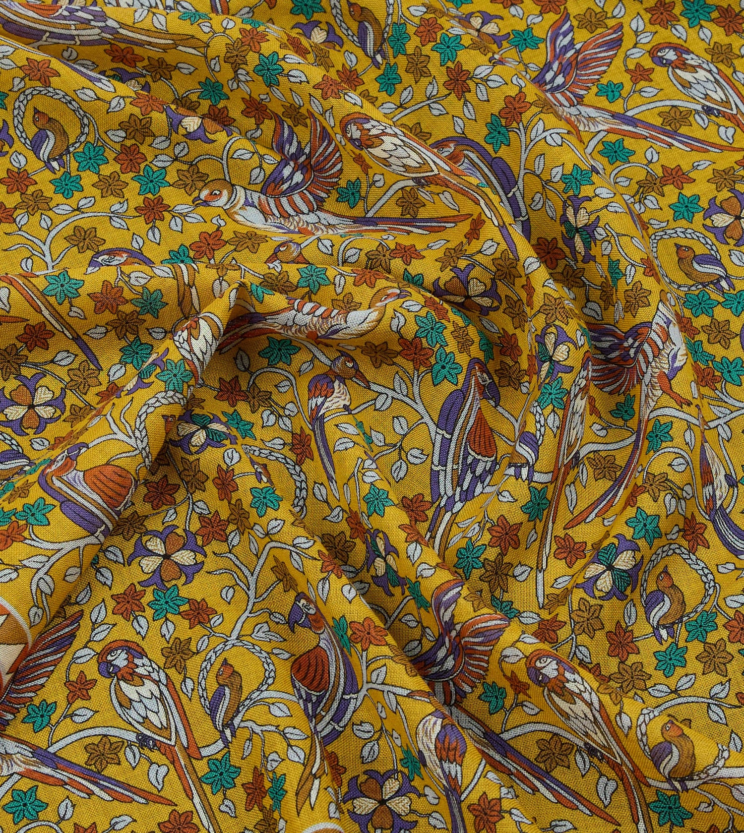 Yellow Birds and Flowers Print Wool-Silk Scarf