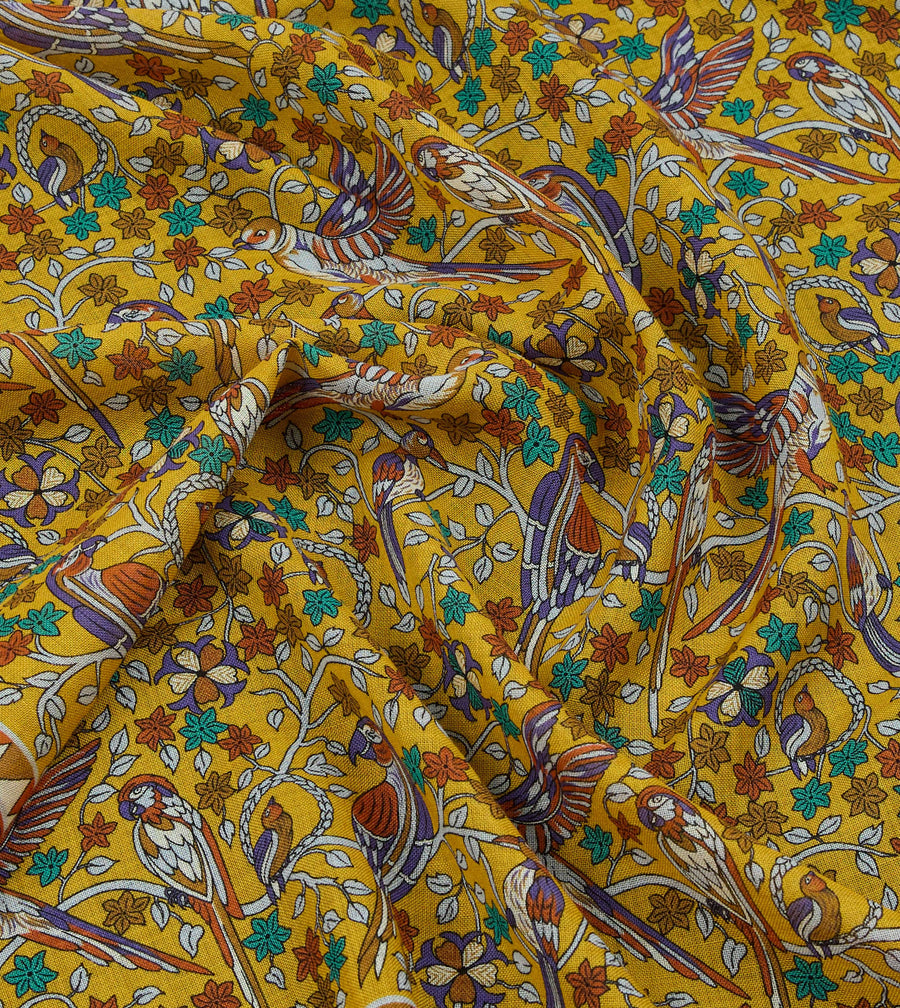 Yellow Birds and Flowers Print Wool-Silk Scarf