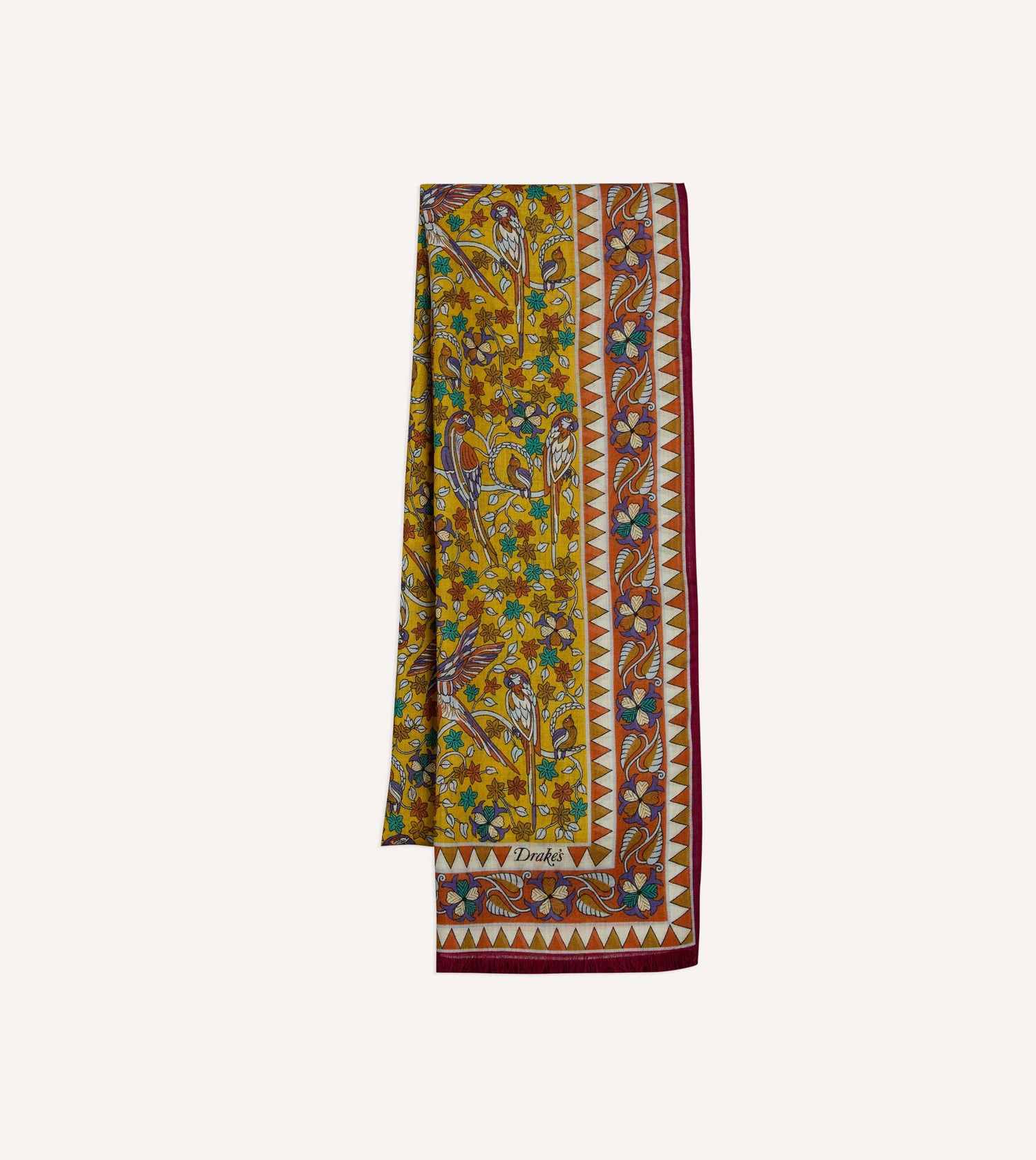 Yellow Birds and Flowers Print Wool-Silk Scarf