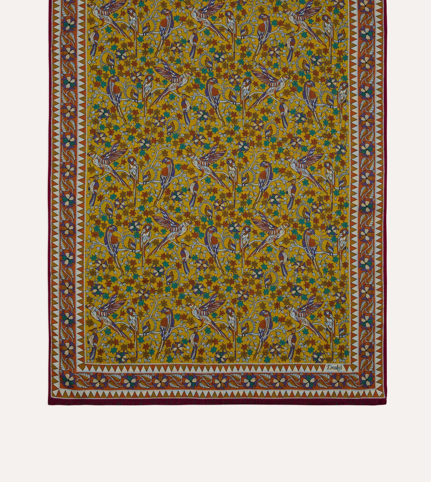 Yellow Birds and Flowers Print Wool-Silk Scarf
